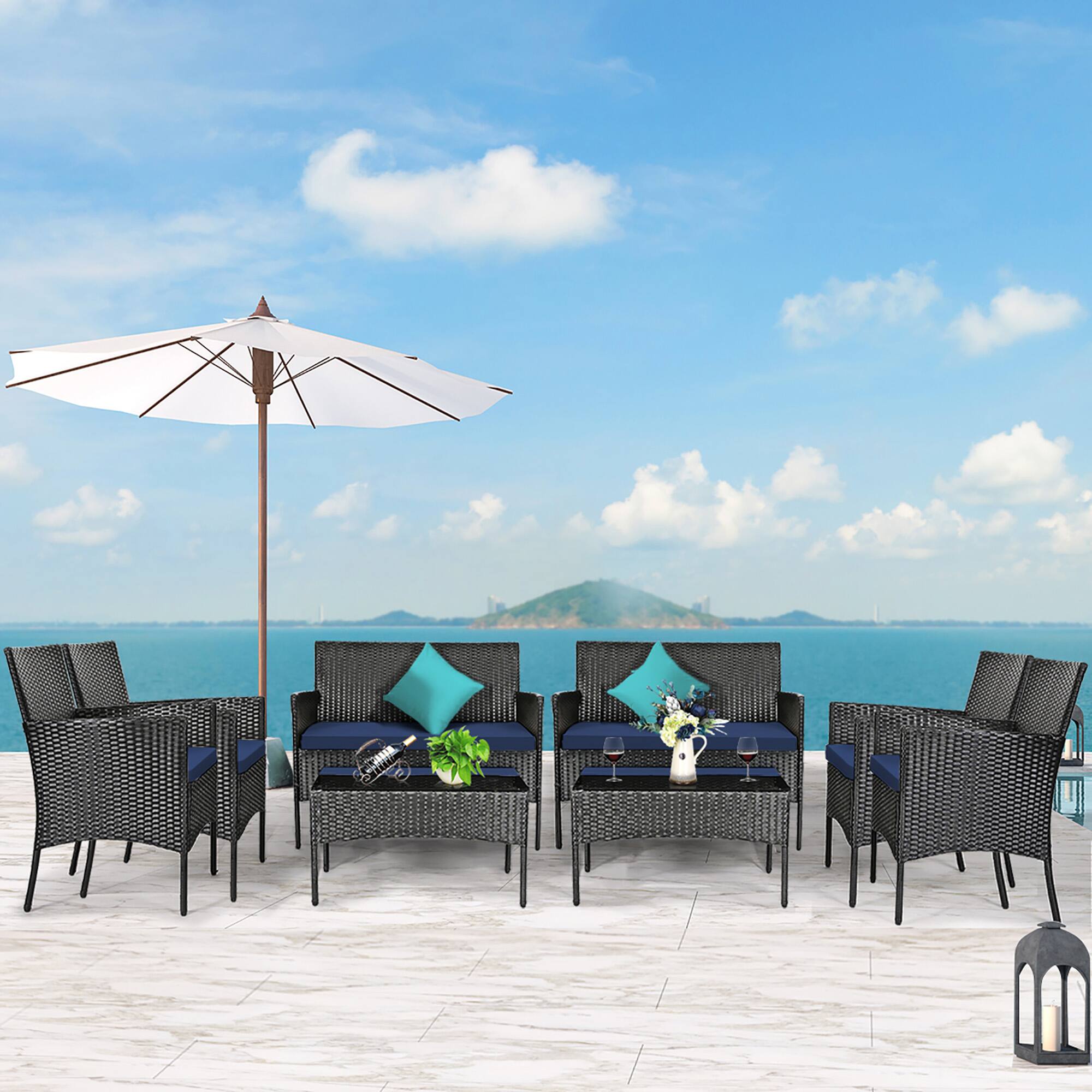 Alt View 1. Costway - Costway 8PCS Patio Wicker Furniture Set Coffee Table Cushions w/Cover - Multicolor.