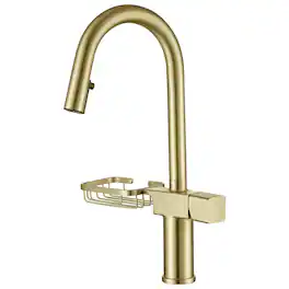 Ropilly - Pull Down Kitchen Faucet Single Hole High Arc Sink Faucet with Storage Shelf - Brushed Gold
