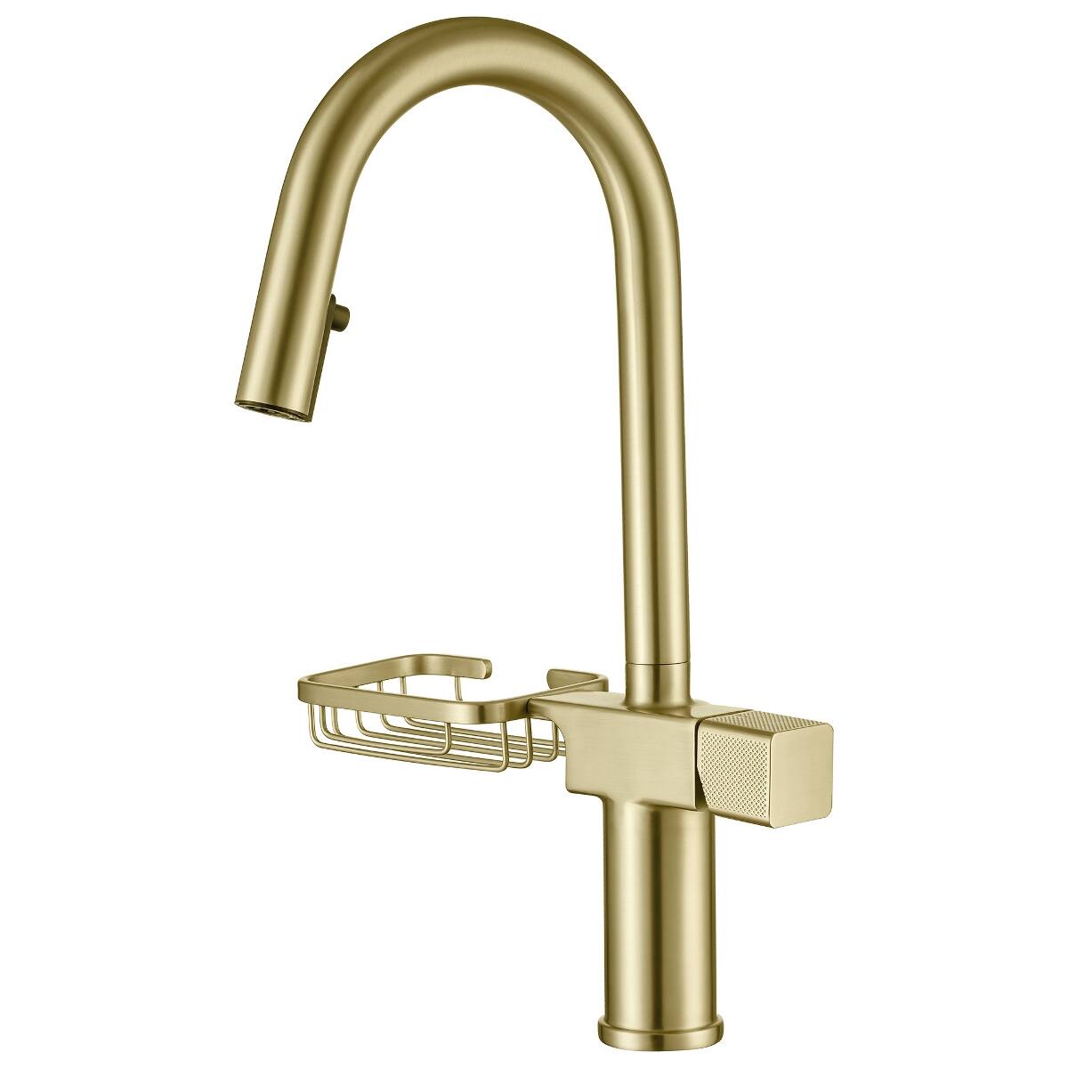Front. Ropilly - Ropilly Pull Down Kitchen Faucet Brushed Gold Single Hole High Arc Sink Faucet with Storage Shelf - Brushed Gold.