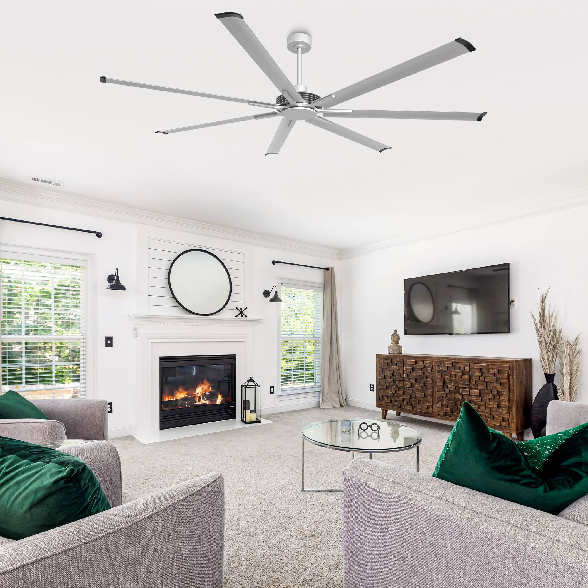 Alt View 1. Parrot Uncle - 100" 7-Blade Industrial Ceiling Fan without Light, 6-Speed Reversible DC Motor, Remote Control - Silver.