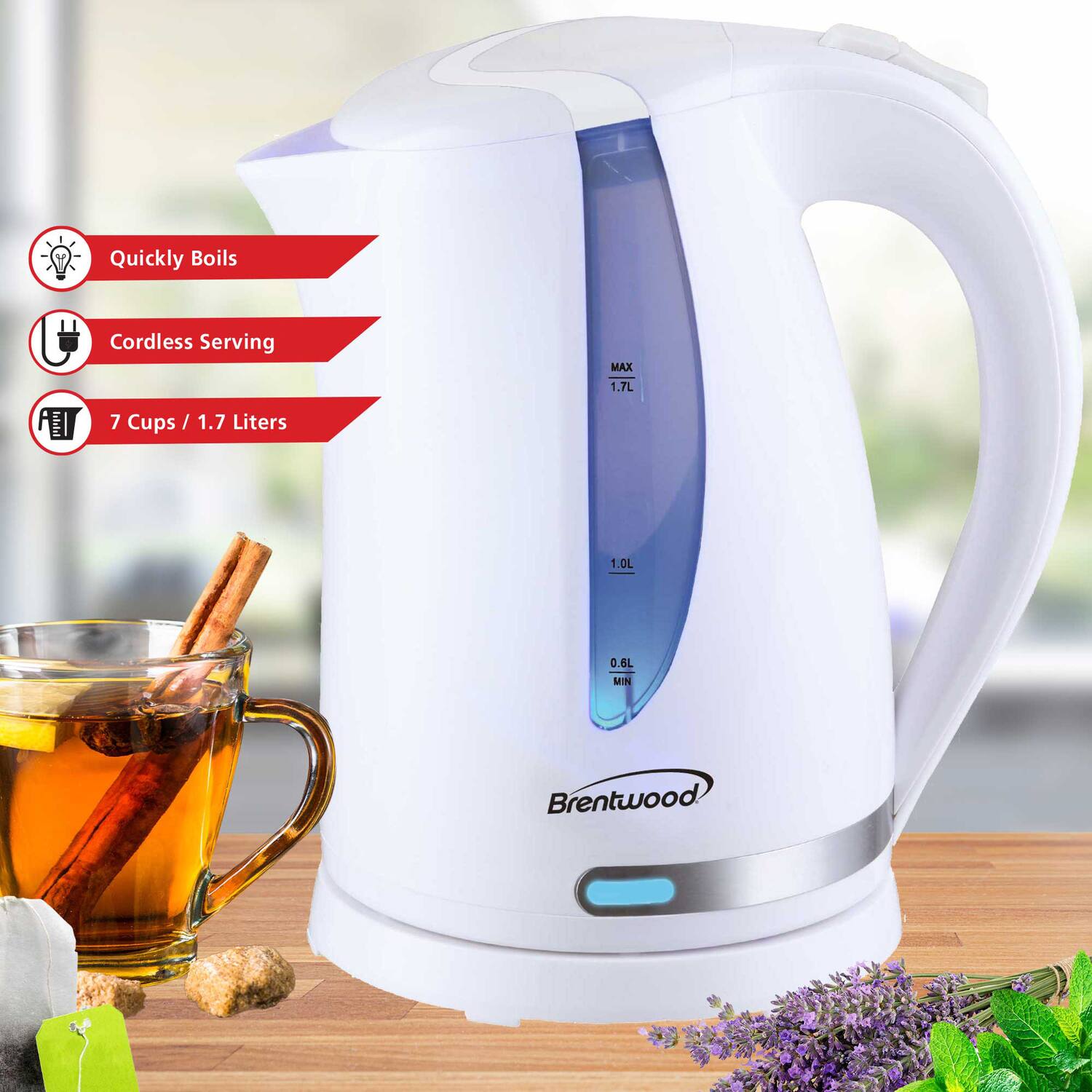 Brentwood - Kt-1616w 1,100-watt Cordless Electric Kettle With Concealed Stainless Steel Heating ElementZ - White - Thumbnail 4