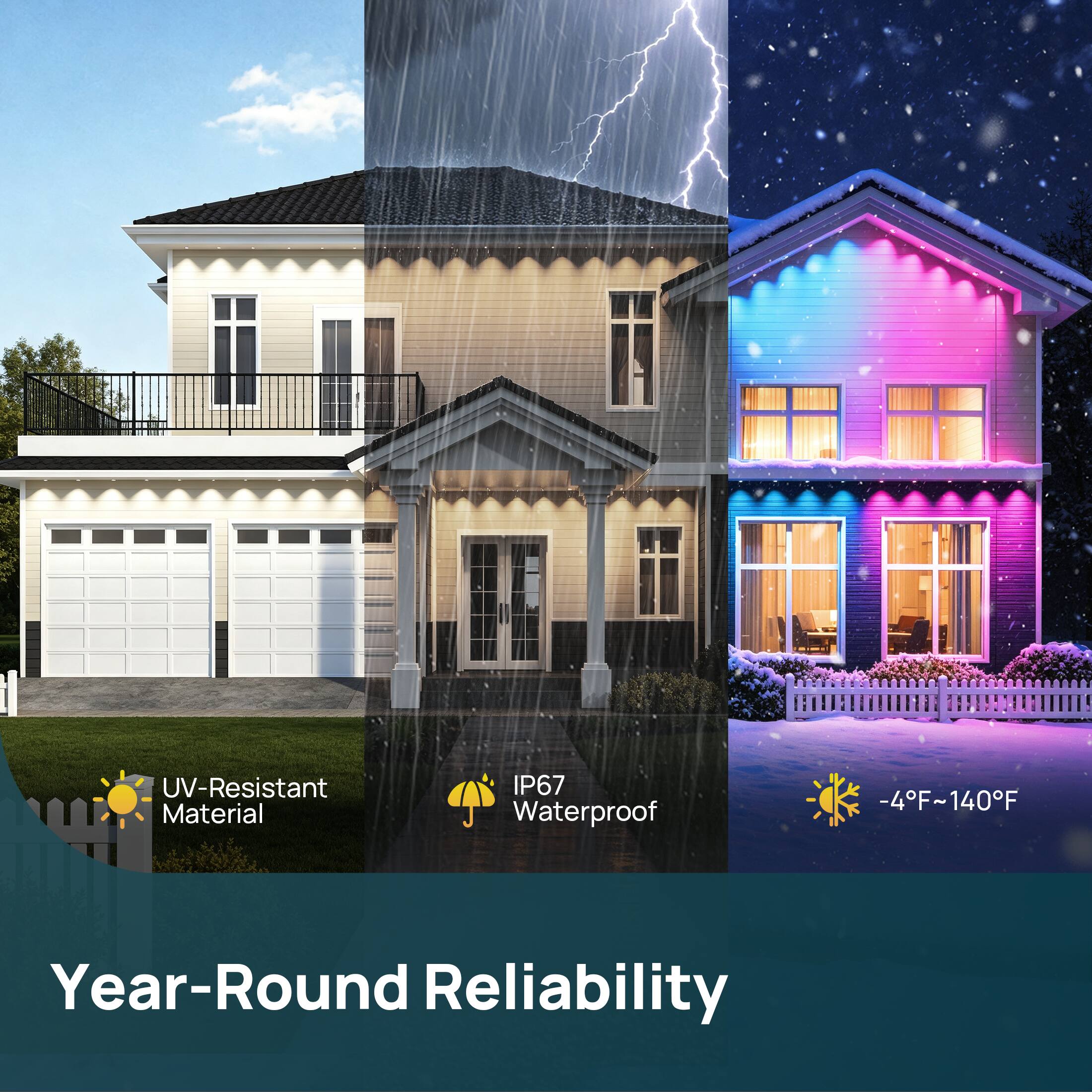 UV-Resistant Material  
IP67 Waterproof  
-4°F~140°F  
Year-Round Reliability