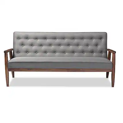 Front. Baxton Studio - Sorrento Mid-century Retro Modern Fabric Upholstered Wooden 3-seater Sofa - Grey.