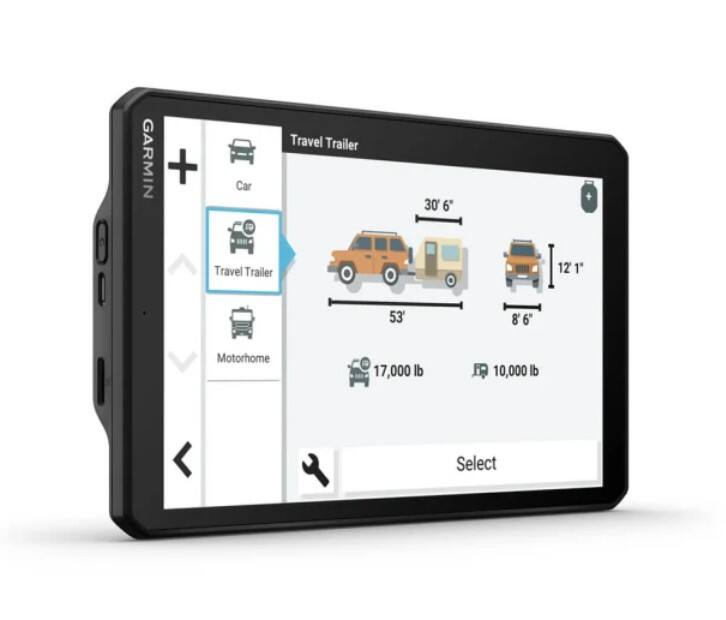 GARMIN Travel Trailer + Car  
Travel Trailer  
30' 6" x 12' 1"  
53'  
8' 6"  
17,000 lb  
10,000 lb  
Select