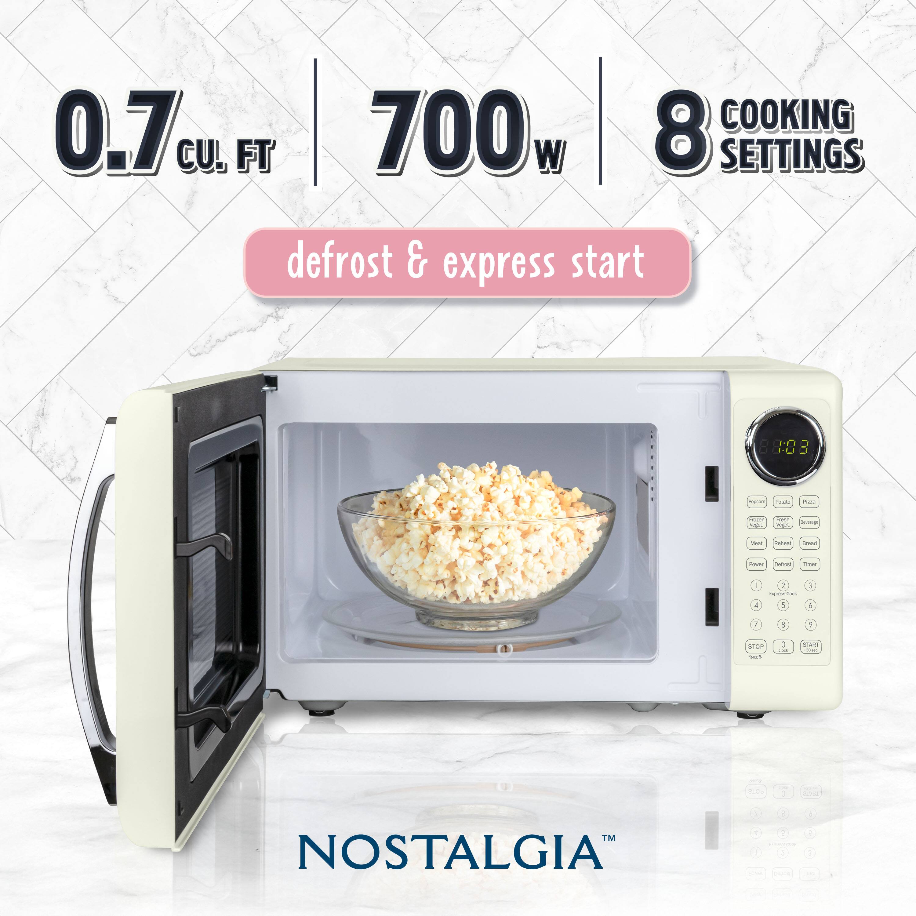 0.7 cu. ft. | 700w | 8 COOKING SETTINGS  
defrost & express start  
NOSTALGIA