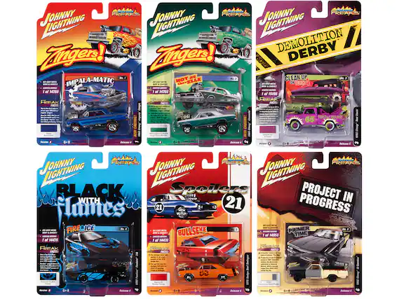 Sure, here is the corrected and grouped text from the image:
---
**JOHNNY LIGHTNING Zingers!**
1. **IMPALA-MATIC**
- No. 1
- 1 of 14788
- FREEK FACTS:
- This is the first Impala-matic!
- The Impala-matic is a 1964 Impala with a 1964 Impala body and a 1964 Impala chassis.
- The Impala-matic is a 1964 Impala with a 1964 Impala body and a 1964 Impala chassis.
- Version 8
- 6+
- Release 4
2. **HOT AS CHEVELLE**
- No. 2
- 1 of 14788
- FREEK FACTS:
- This is the first Chevelle!
- The Chevelle is a 1964 Chevelle with a 1964 Chevelle body and a 1964 Chevelle chassis.
- The Chevelle is a 1964 Chevelle with