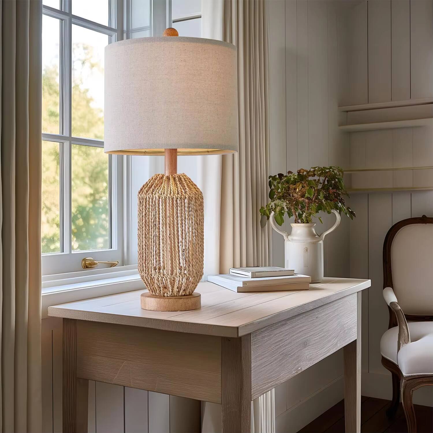 Back. Luckbyte - Set of 2 Brown Rattan Table Lamps Boho Farmhouse Retro Nightstand Lamps for Living Room Bedroom - Brown.