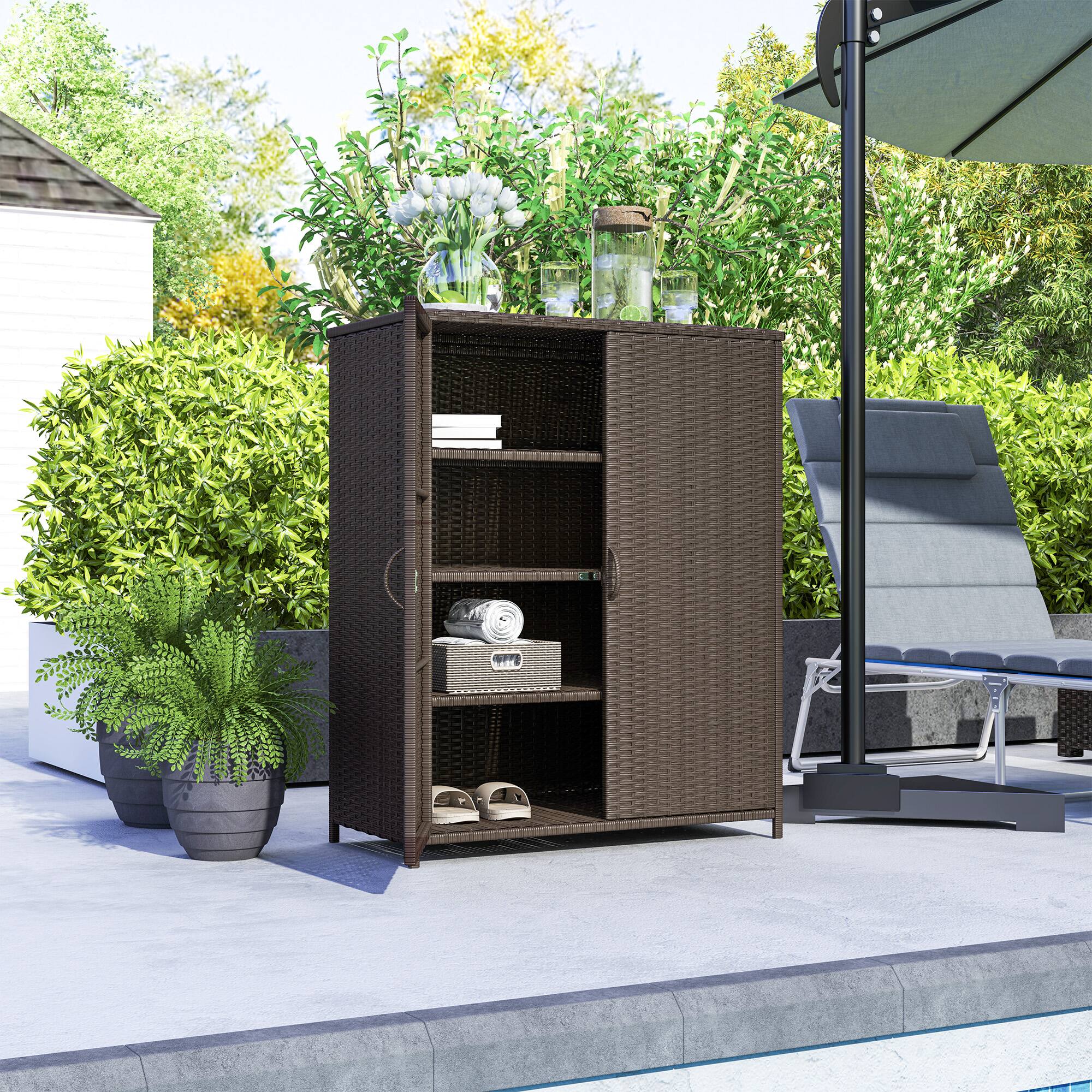 Alt View 7. Outsunny - Wicker Outdoor Storage Cabinet with 4 Shelves and 2 Doors for Garden Pool Towel Storage - Dark Coffee.