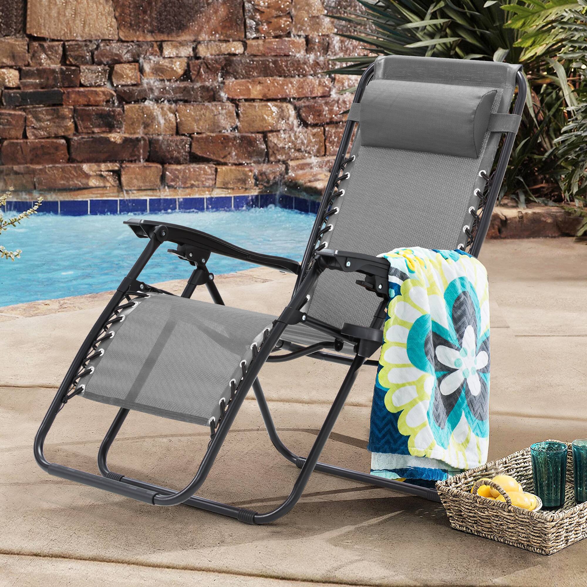 Alt View 5. U-HOMY - Zero Gravity Reclining Lounge Chair Set of 2 Outdoor Folding Recliners with Cup Holder and Weather Resistant Fabric - Grey.