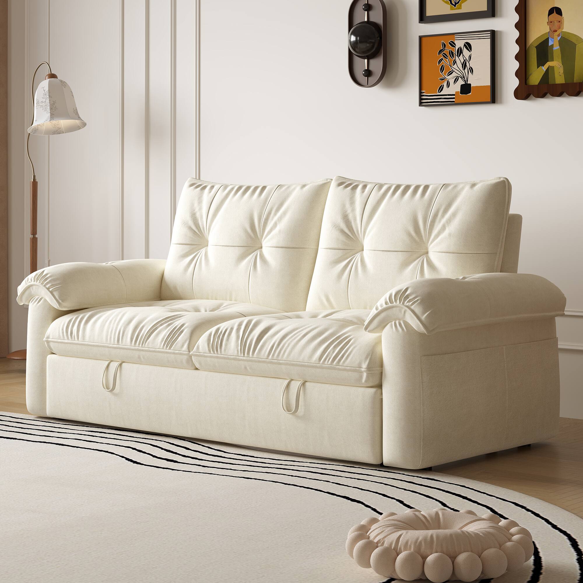 Front. luck idea - 68.89" Modern Sleeper Sofa Bed, Iron & Wood Framed Couch with High-Density Foam Cushions (Mattress Included) - white.