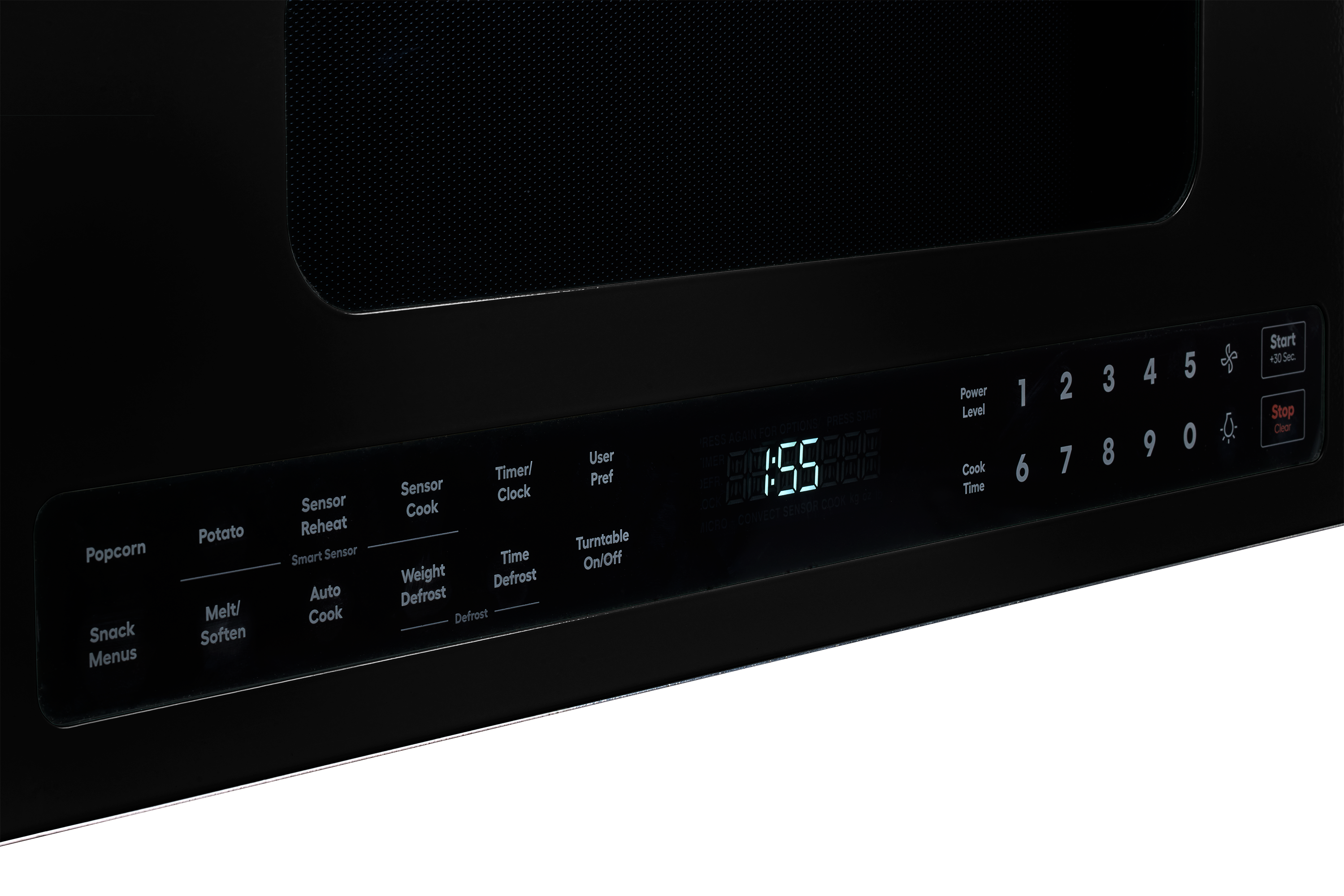 The text on the image is grouped and corrected as follows:

1. Popcorn Snack Menus:
	* Potato Melt/Soften Sensor
	* Reheat Smart Sensor
	* Auto Cook Timer/Sensor
	* Clock Cook Time
	* Weight Defrost
	* Defrost
	* User Pref
	* Turntable On/Off
2. Power:
	* 1
	* 2
	* 3
	* 4
	* 5
	* 6
	* 7
	* 8
	* 9
	* 10
3. Cook Time:
	* 1
	* 2
	* 3
	* 4
	* 5
	* 6
	* 7
	* 8
	* 9
	* 10

The image shows a microwave with a clock displaying the time of 155.