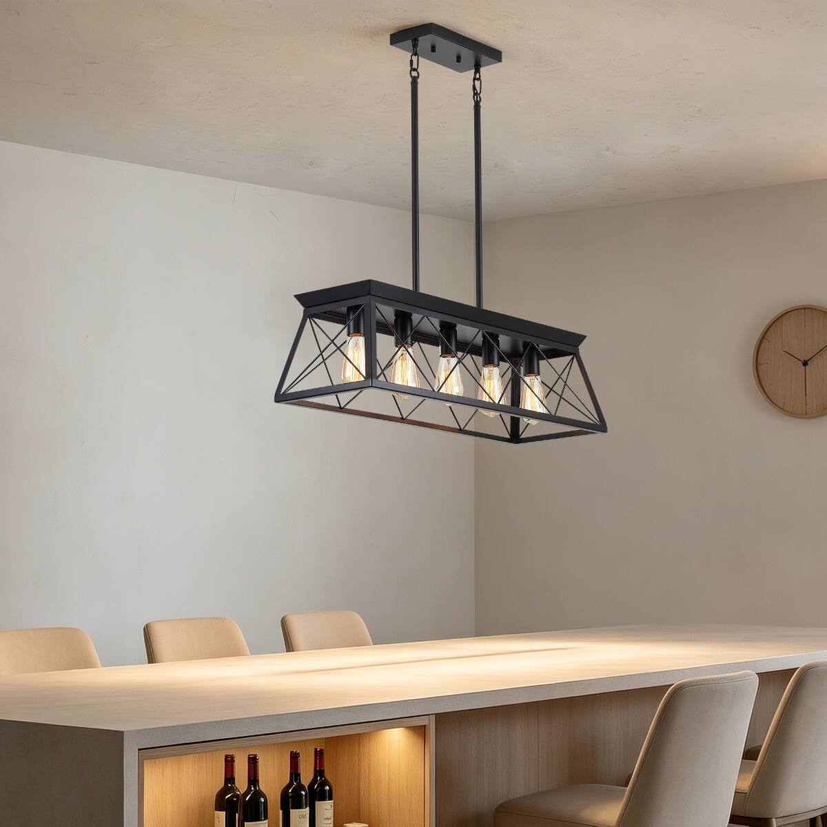 Left. Loheer - Loheer 5 Light Farmhouse Chandelier, Black Kitchen Island Pendant Light with Adjustable Height.