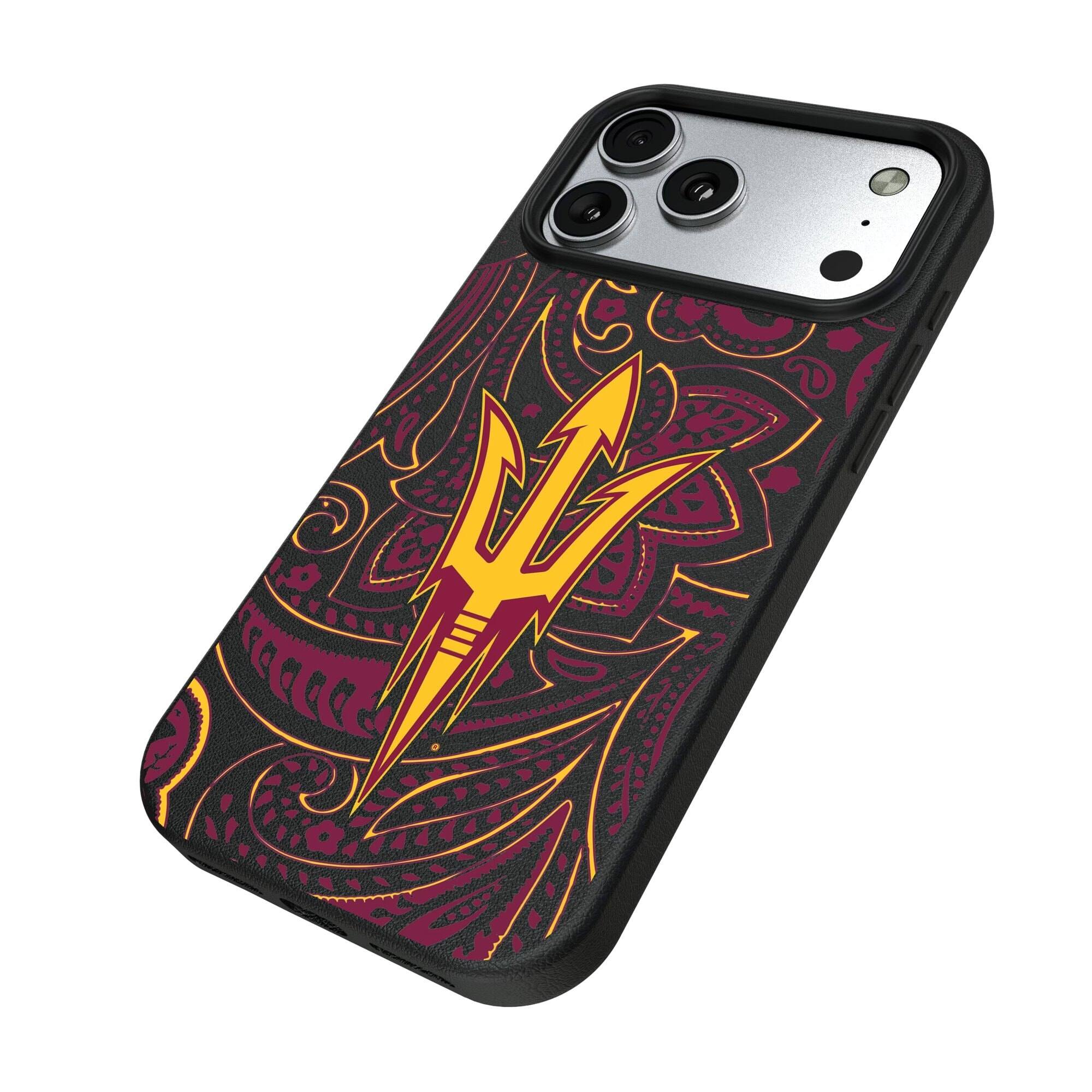 Alt View 1. Keyscaper - Arizona State Sun Devils Paisley iPhone Magnetic Bump Case - 16 Pro - Black.