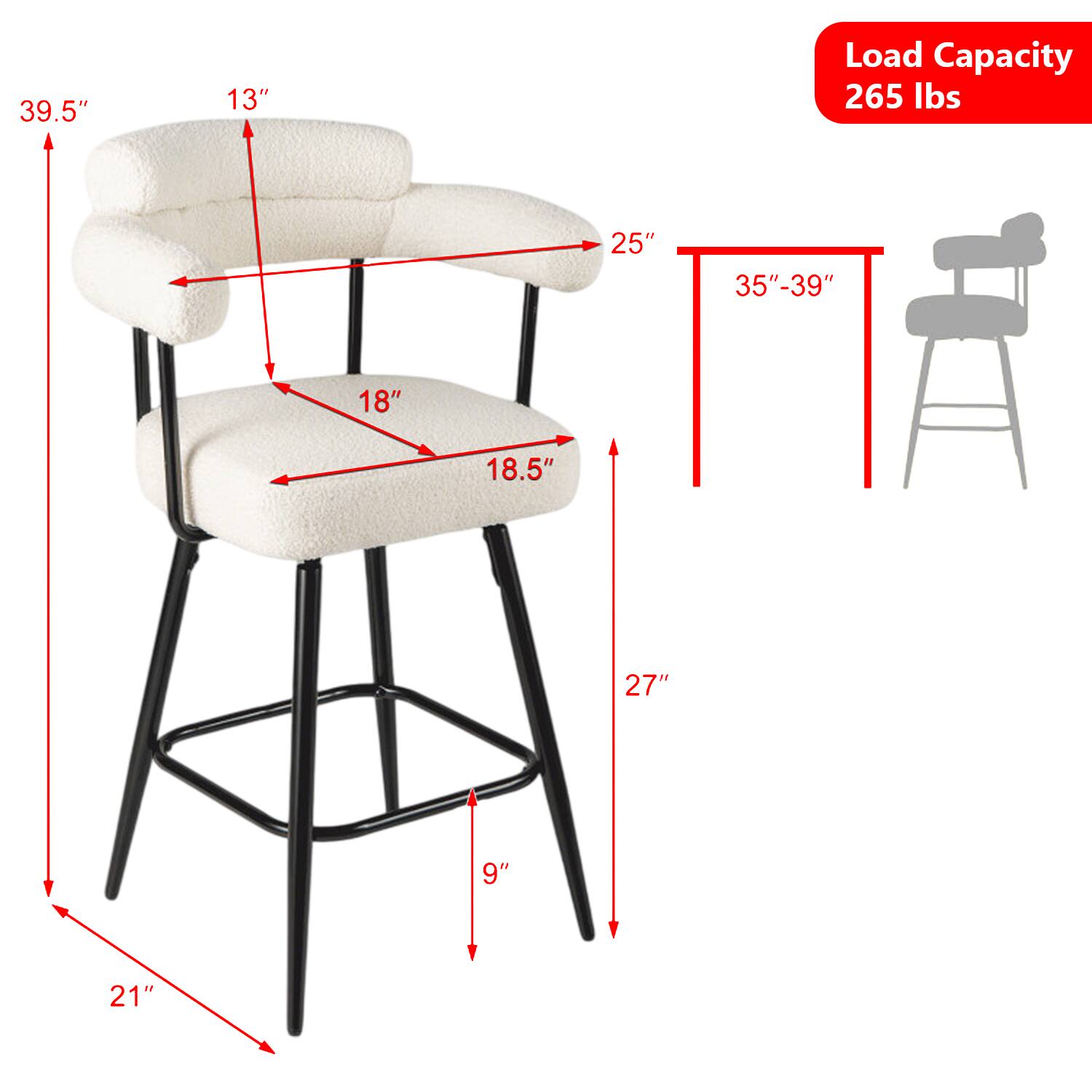 39.5"  
13"  
Load Capacity 265 lbs  
25"  
35"-39"  
18"  
18.5"  
27"  
9"  
21"
