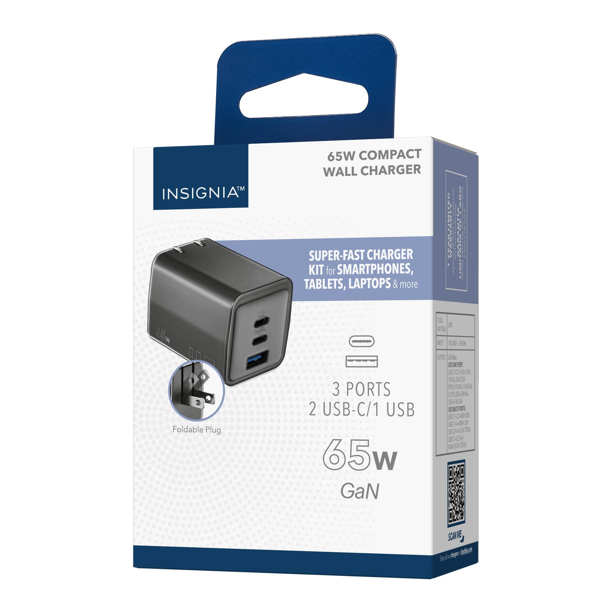 Insignia 65W Compact Wall Charger: Super-Fast Charger Kit for Smartphones, Tablets, Laptops & more. 65W Foldable Plug, 3 Ports, 2 USB-C/1 USB. 65w GaN.
