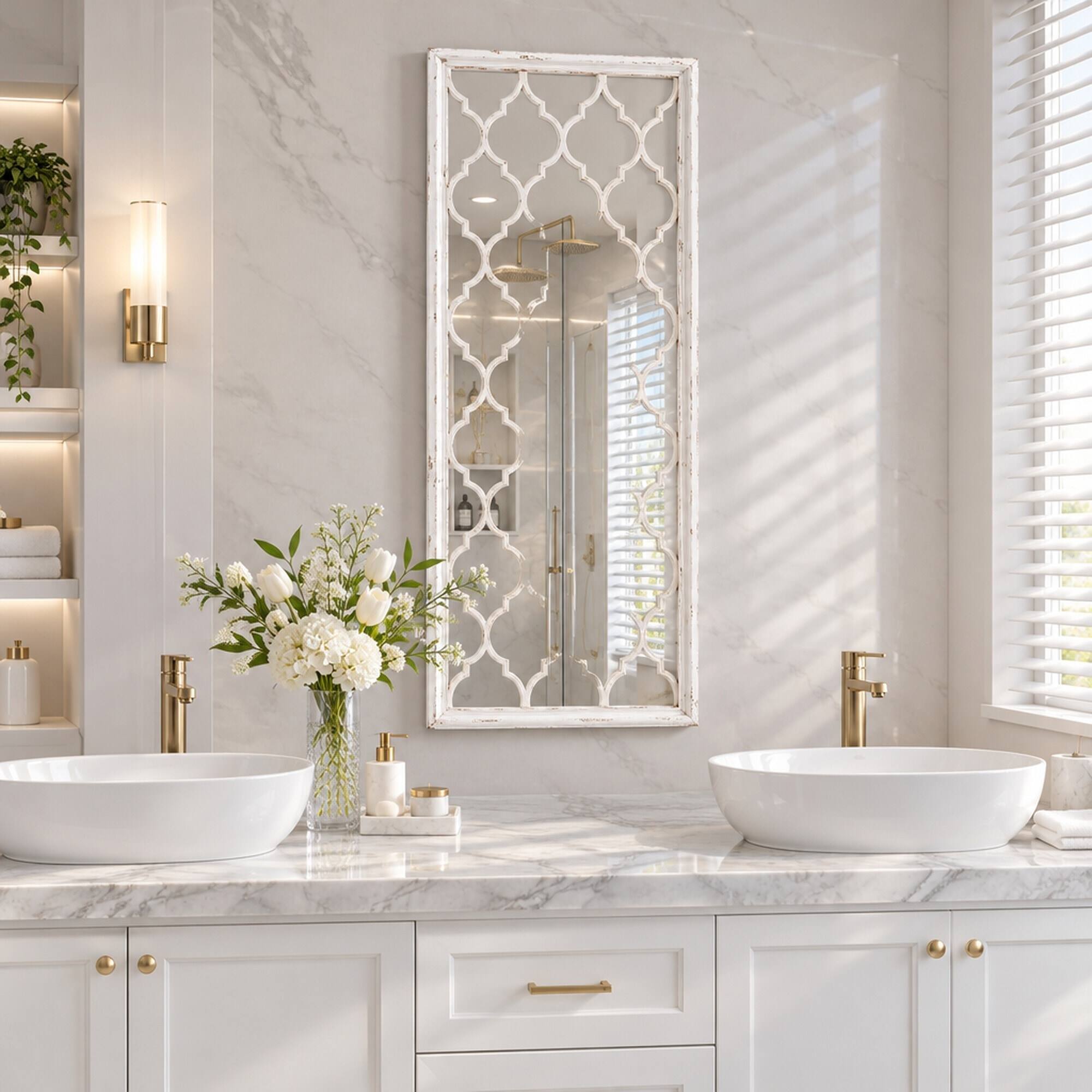 Back. RYHNUYNE - 24 x 60 Inch Distressed White Floor Mirror, Full Length Leaning Mirror, Fir Wood Frame, Bedroom and Bathroom - White.
