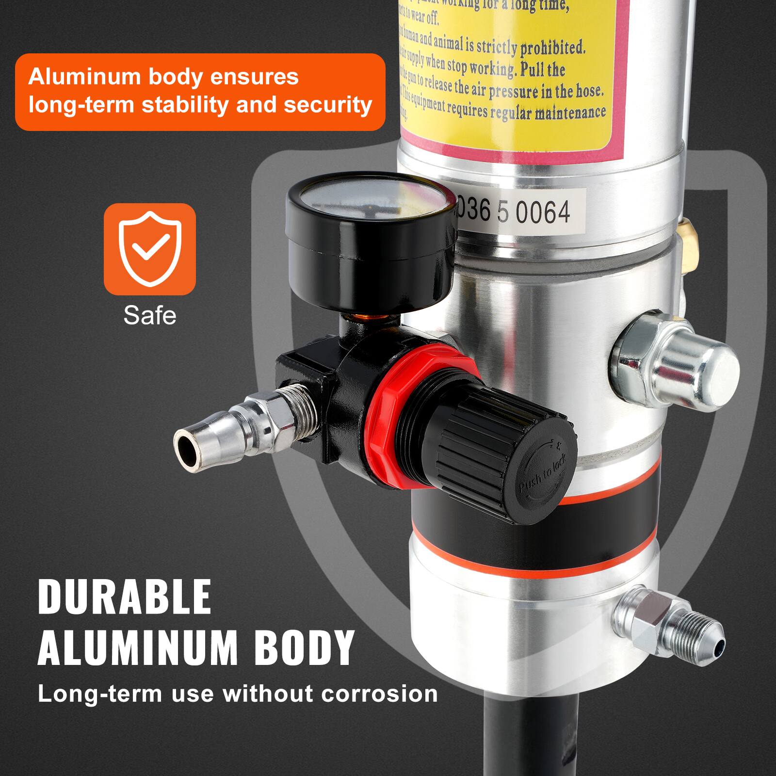 Aluminum body ensures long-term stability and security

Safe

DURABLE ALUMINUM BODY
Long-term use without corrosion

Cids 10 a 1 HoLkIng long time, vor off. ad animal is strictly prohibited. vply when stop Pull the Aluminum body ensures i working. release the air in the hose. squipqment pressure long-term stability and security requires maintenance regular 036 5 0064 Safe E loct tn Push DURABLE ALUMINUM BODY Long-term use without corrosion