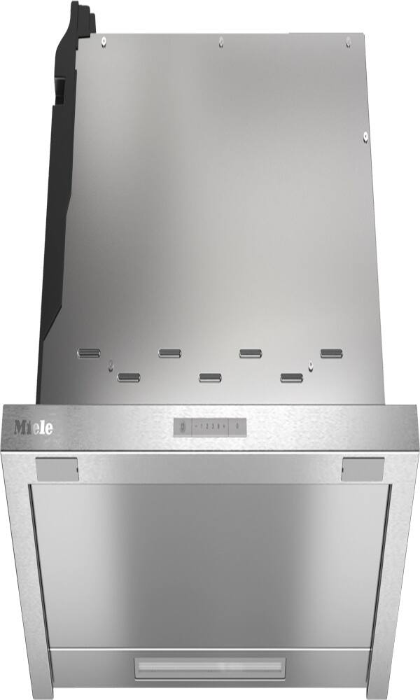 The image features a large silver appliance, possibly a refrigerator or freezer, with the brand name "Miele" prominently displayed on its front. The appliance has a sleek and modern design, and it is positioned against a white background, which highlights its color and features.