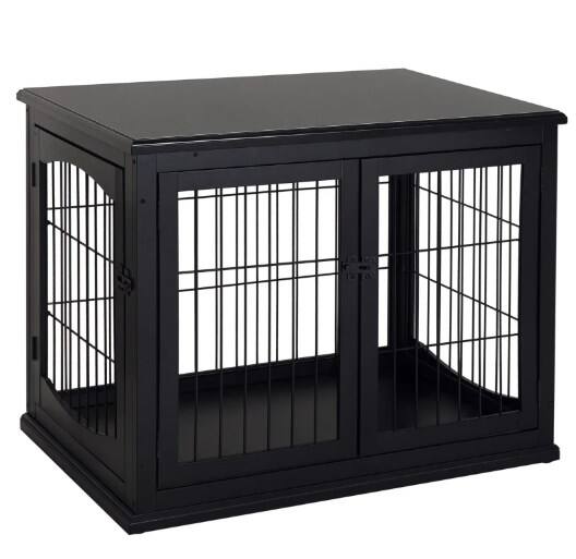 Angle. Siljoy - Small Dog Crate Furniture, End Table Kennel with Two French Doors for Dogs up to 44 lbs, P2 MDF.