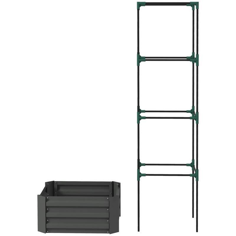 Front. SlickBlue - Durable Galvanized Raised Planter Box with Tomato Cage Trellis for Garden - Grey.