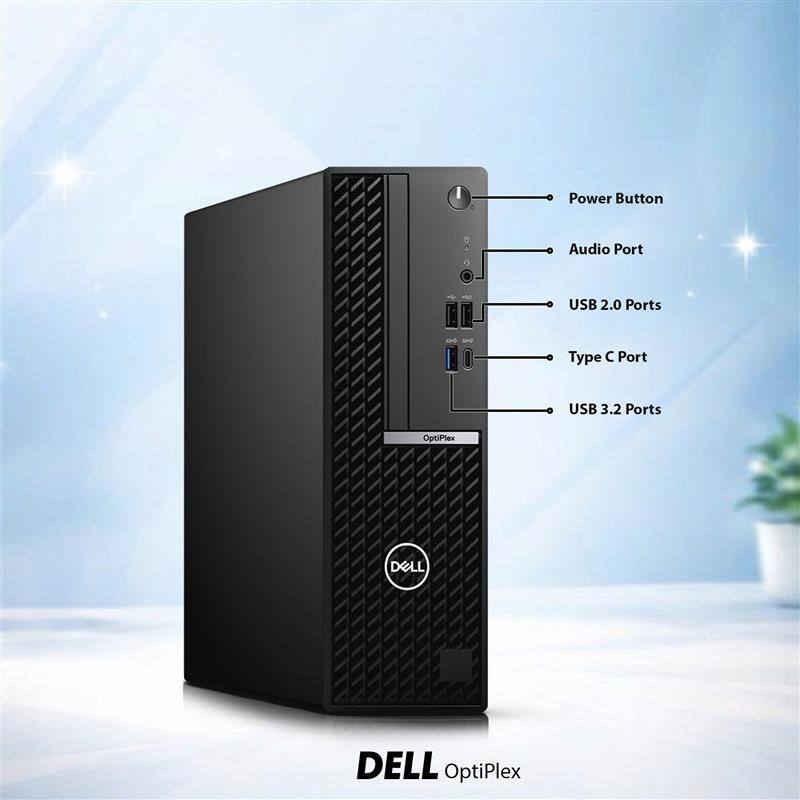 - Power Button
- Audio Port
- USB 2.0 Ports
- Type C Port
- USB 3.2 Ports

DELL OptiPlex