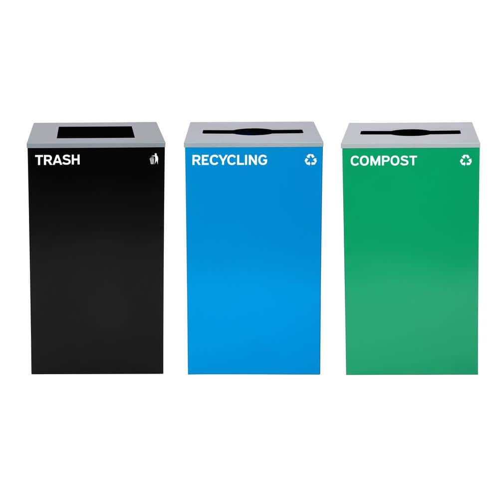 Alpine Industries - Steel 29 Gallon Open Top Bin Set for Recycling, Trash, Compost – 3 Pack - Black; Blue; Green