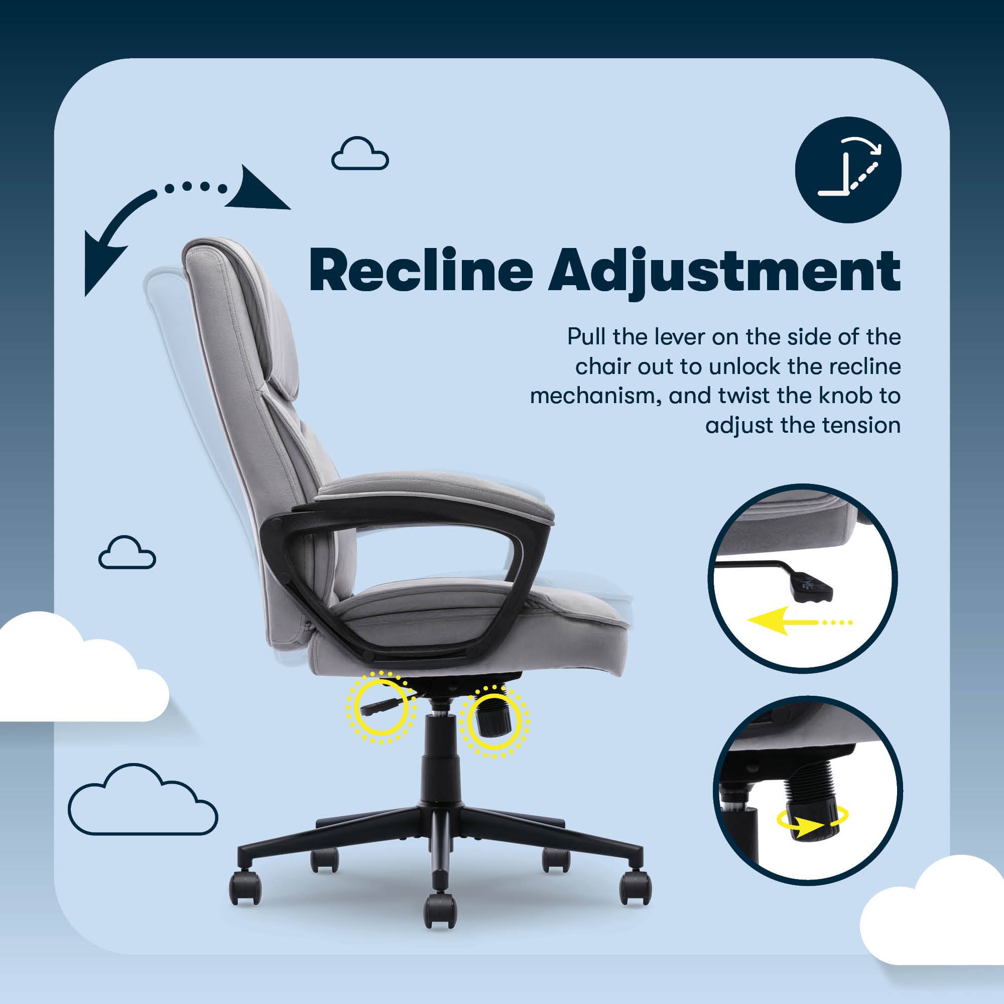 Recline Adjustment:

1. Pull the lever on the side of the chair out to unlock the recline mechanism.
2. Twist the knob to adjust the tension.