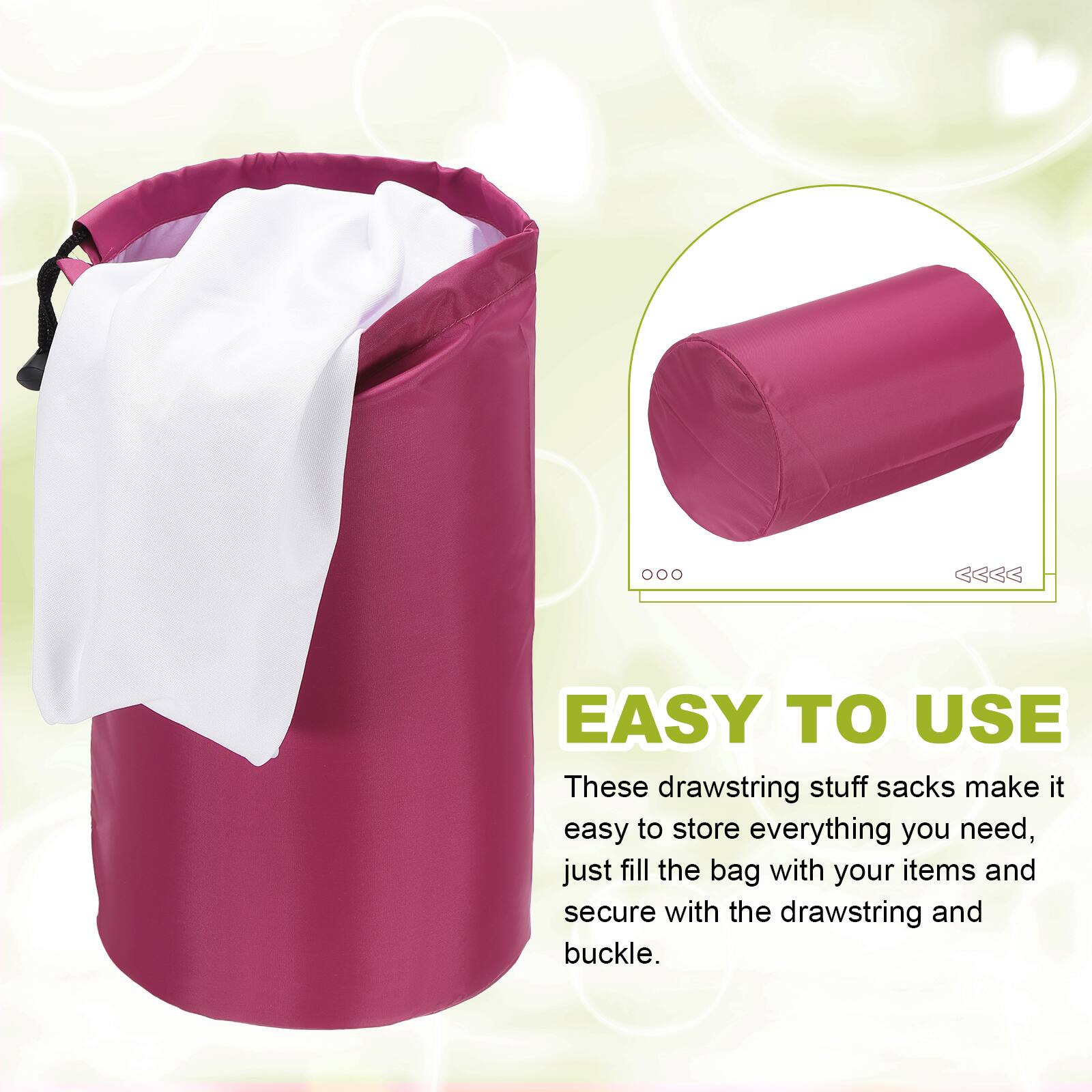 EASY TO USE

These drawstring stuff sacks make it easy to store everything you need, just fill the bag with your items and secure with the drawstring and buckle.