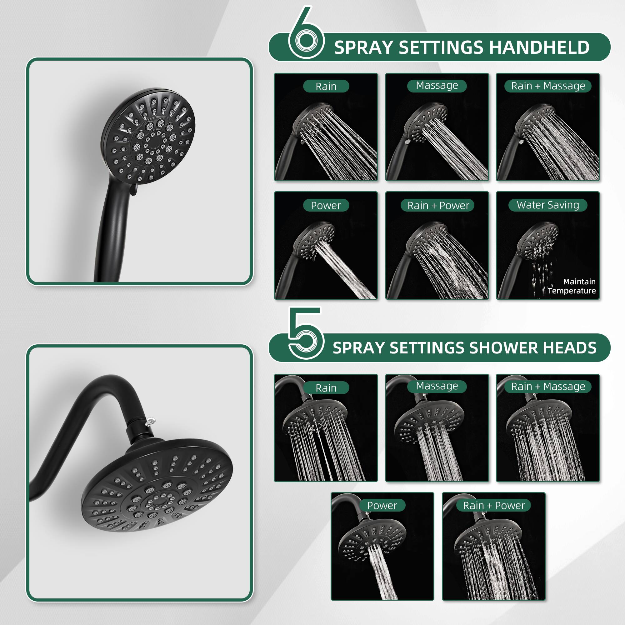 6 SPRAY SETTINGS HANDHELD  
- Rain  
- Massage  
- Rain + Massage  
- Power  
- Rain + Power  
- Water Saving  
- Maintain Temperature  

5 SPRAY SETTINGS SHOWER HEADS  
- Rain  
- Massage  
- Rain + Massage  
- Power  
- Rain + Power