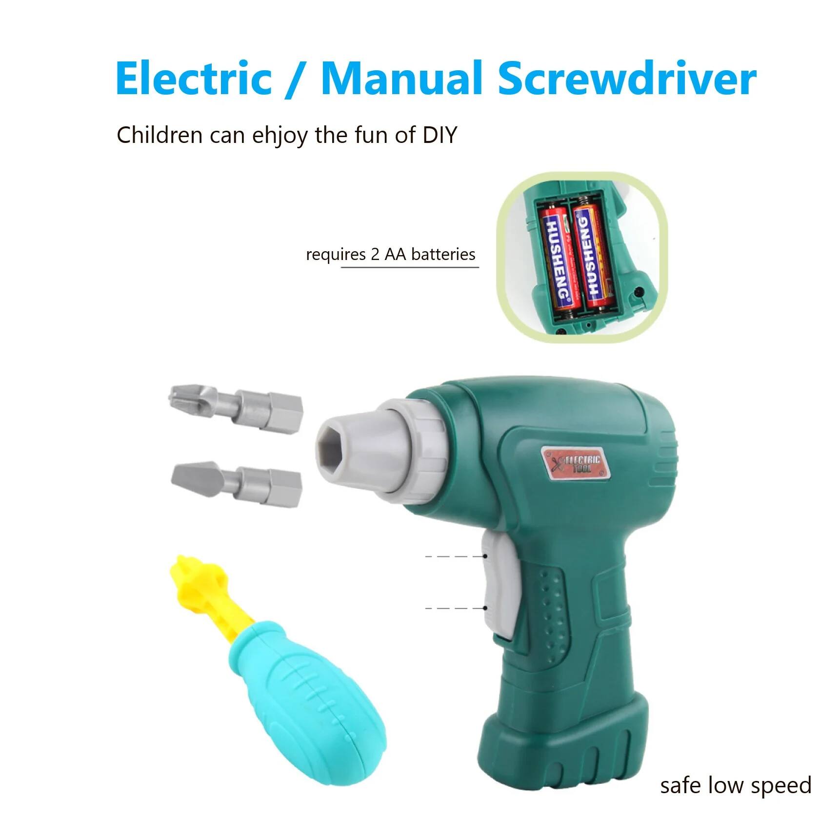 Electric / Manual Screwdriver

Children can enjoy the fun of DIY

requires 2 AA batteries

safe low speed