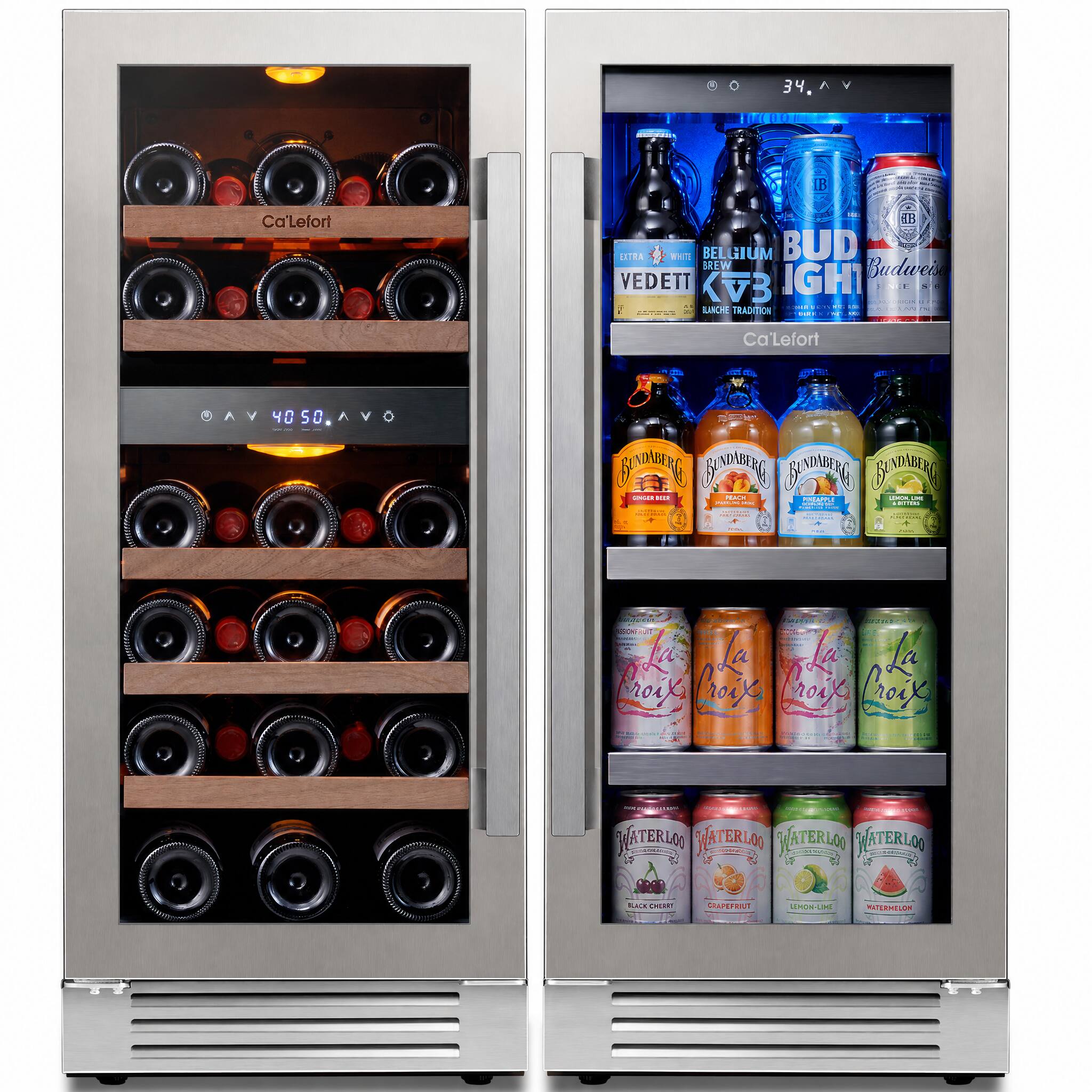 Ca'Lefort - 30 Inch Wine and Beverage Refrigerator,3 color LED Wine Fridge, Built-in, Holds 100 Cans and 28 Bottles - Stainless Steel