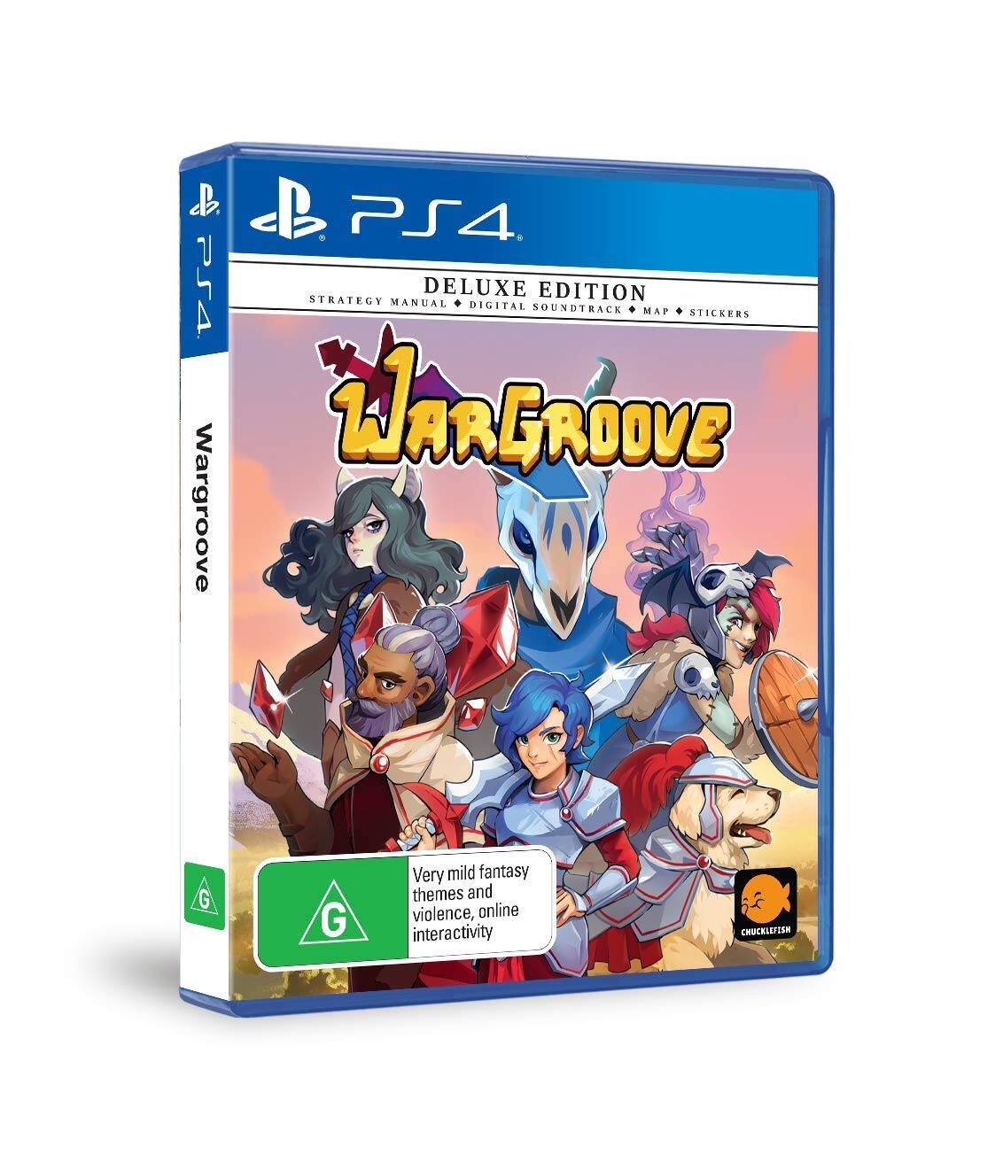 **PS4 Deluxe Edition**

**WarGroove**

- Strategy Manual
- Digital Soundtrack
- Map
- Stickers

**Very mild fantasy themes and violence, online interactivity**

**G** (Rating)

**Chucklefish**