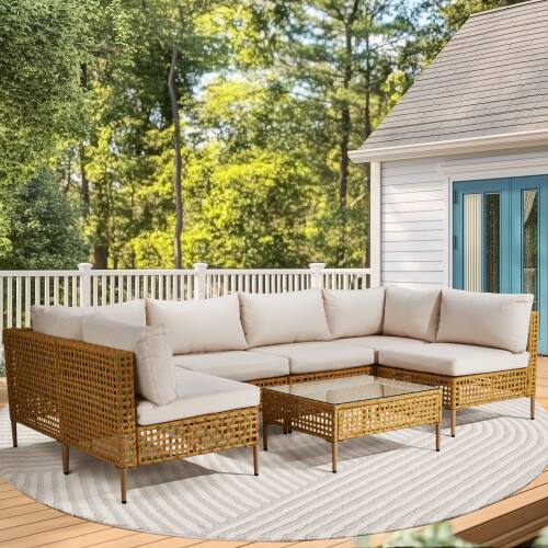 Alt View 9. Winado - 7PCS Patio Wicker Rattan Sectional Furniture Set with Cushions, Coffee Table for Indoor Outdoor Garden Backyard Poolside - Yellow & Beige Cushion.