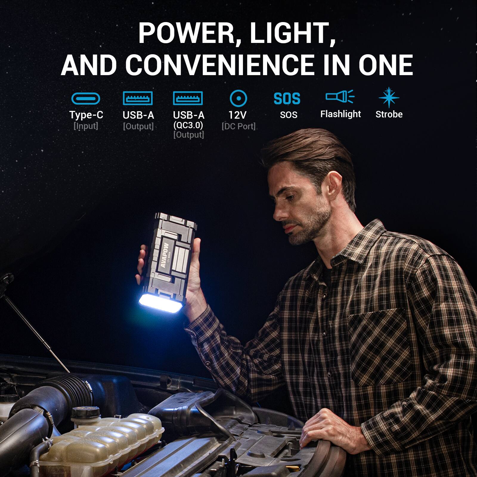 POWER, LIGHT, AND CONVENIENCE IN ONE

- Type-C [Input]
- USB-A [Output]
- USB-A (QC3.0) [Output]
- 12V [DC Port]
- SOS
- Flashlight
- Strobe