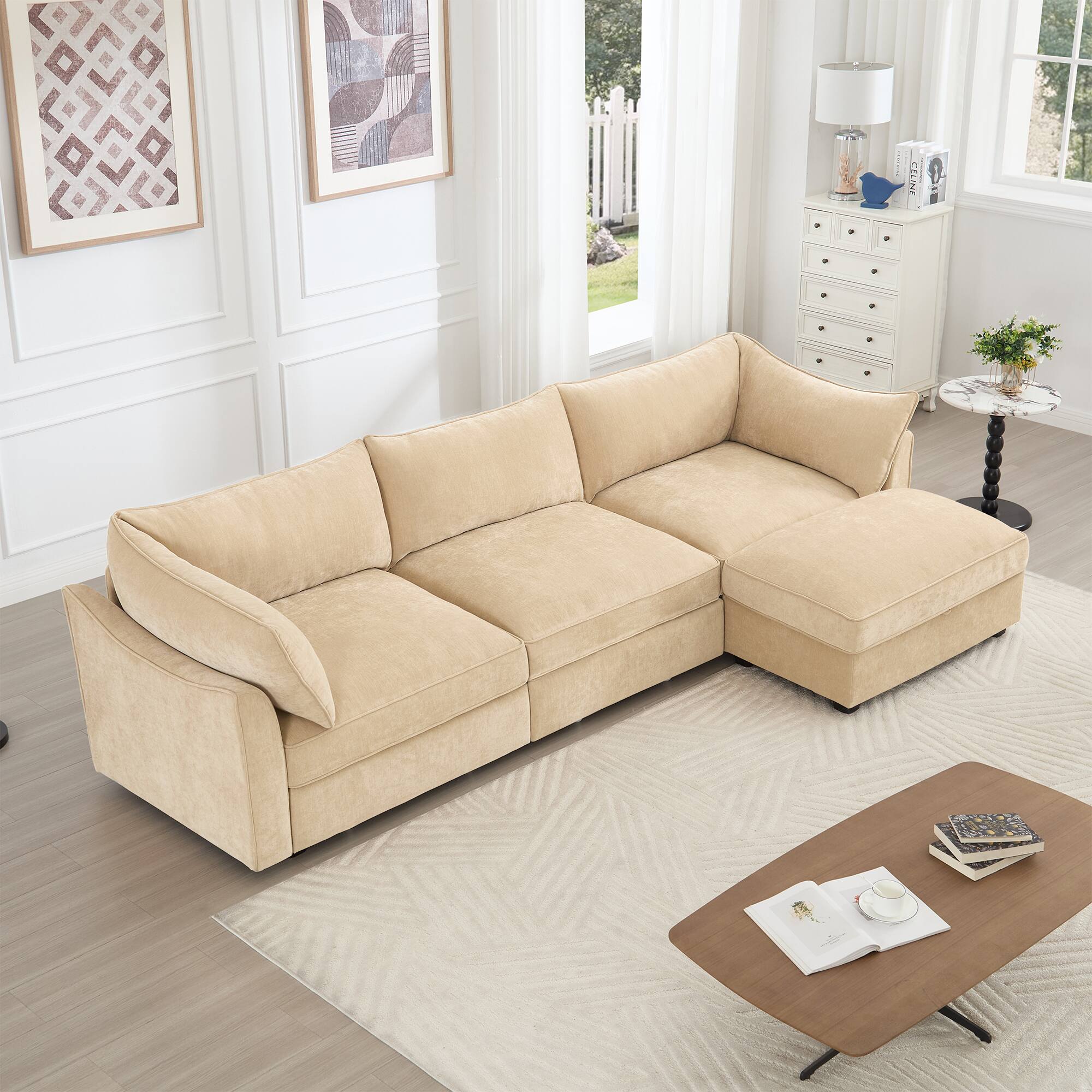 Angle. Aukfa - L-Shaped 3-Seater Modular Sofa with Footstool - Crescent Armrests, Chenille Fabric, Wraparound Cushions - Hazelwood.