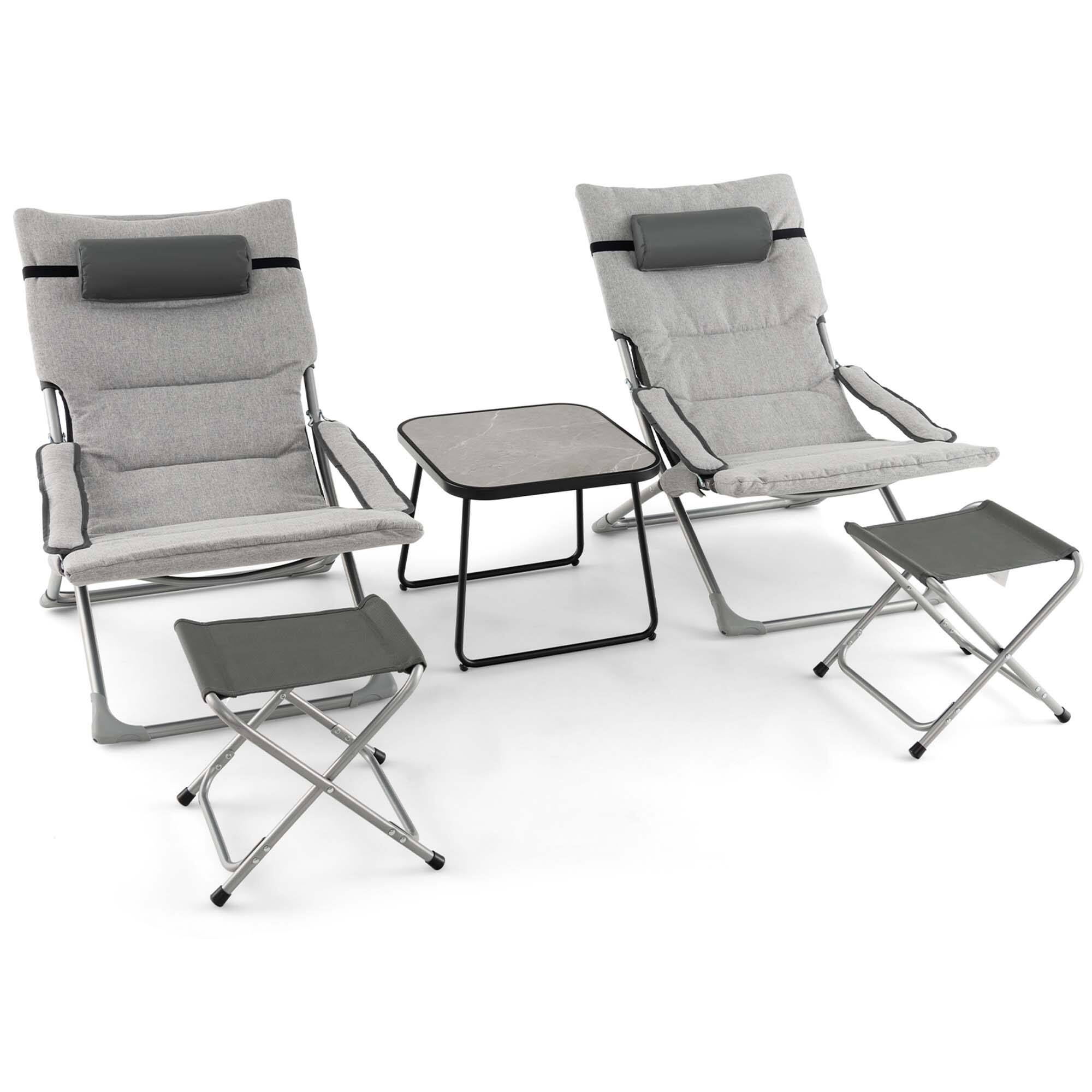 Alt View 9. Costway - Costway 5pcs Patio Folding Sling Chair Set Ottoman Table Portable Headrest Outdoor Beach - Grey.