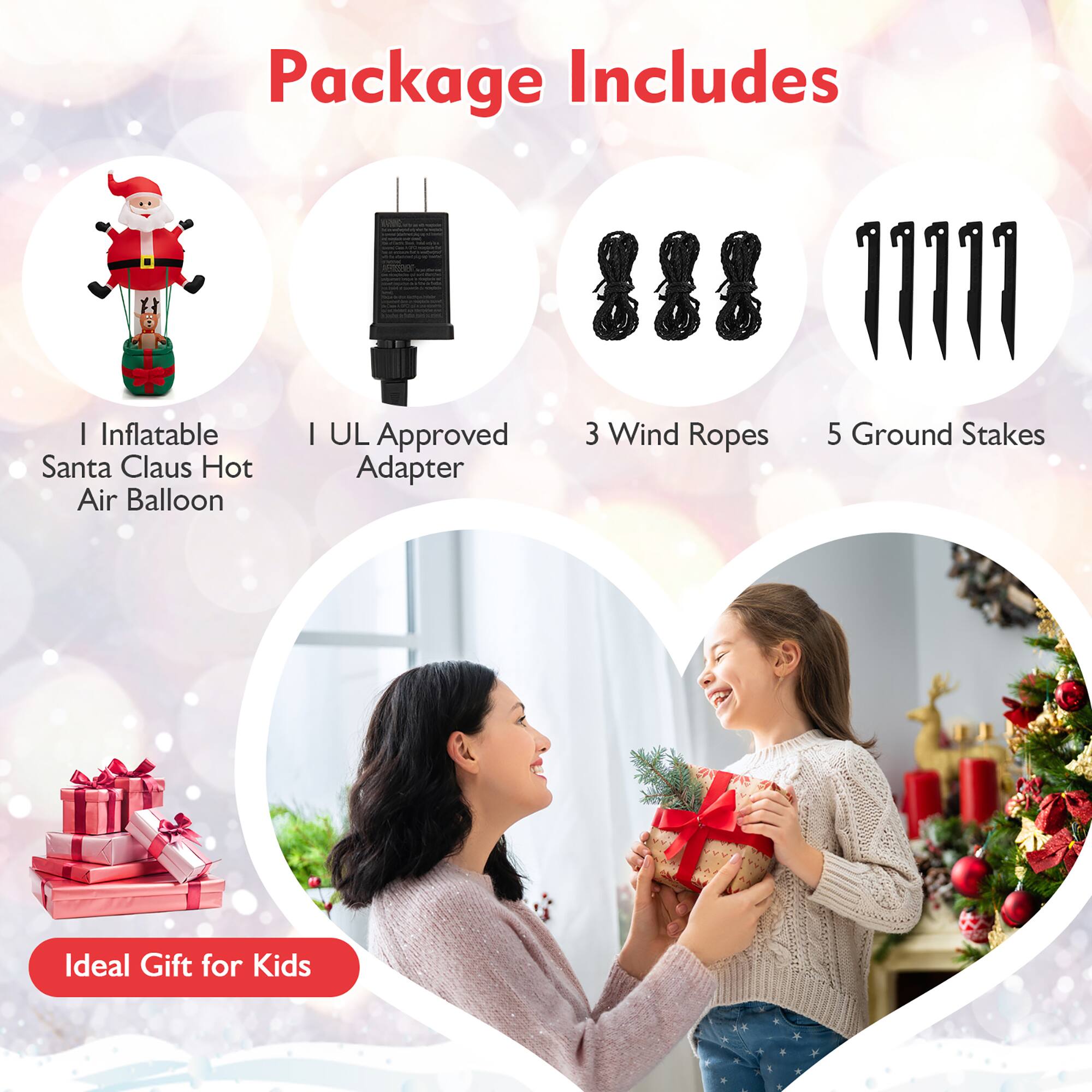 Package Includes: Inflatable Santa Claus Hot Air Balloon, UL Approved Adapter, 3 Wind Ropes, 5 Ground Stakes. Ideal Gift for Kids.