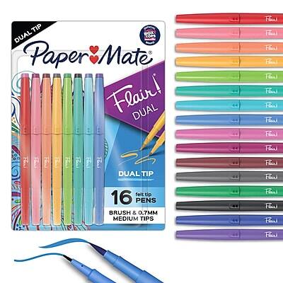 Paper Mate Flair! DUAL  
DUAL TIP  
16 felt tip PENS  
BRUSH & 0.7MM MEDIUM TIPS