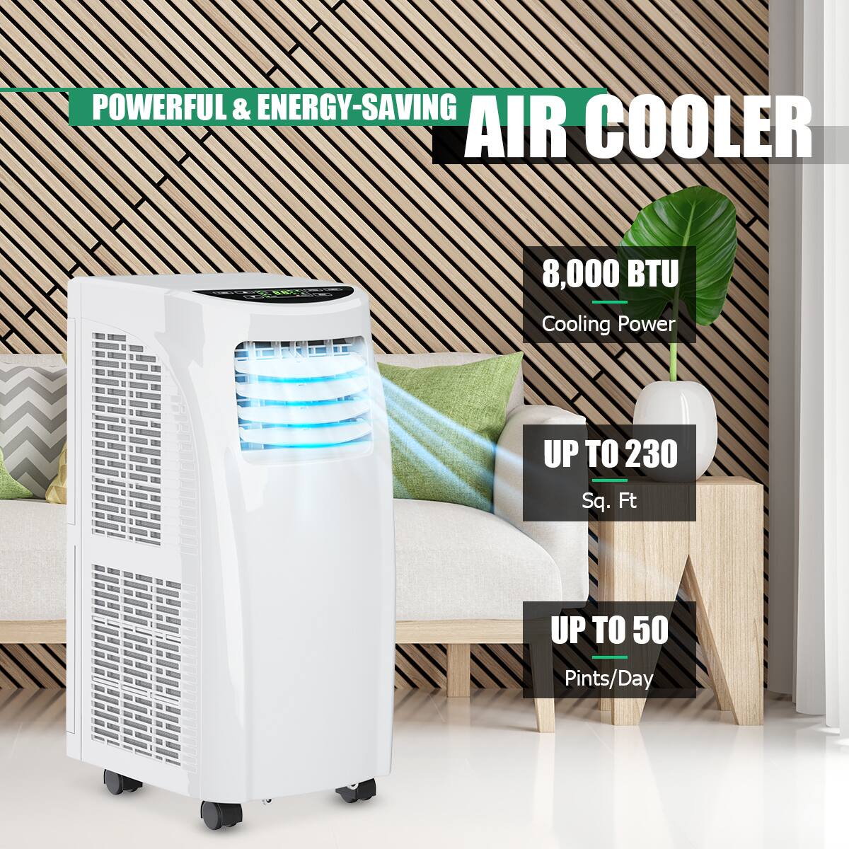 Powerful & Energy-Saving Air Cooler: 8,000 BTU Cooling Power, Up to 230 Sq. Ft, Up to 50 Pints/Day