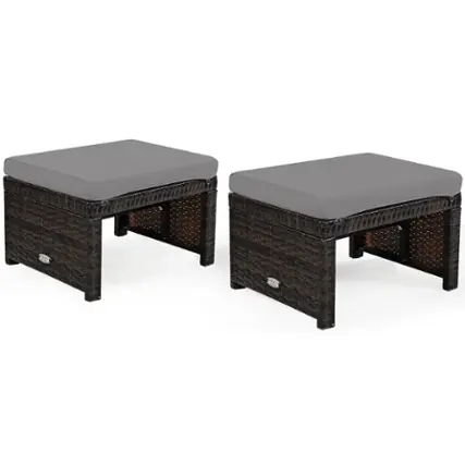 Front. Costway - 2PCS Patio Rattan Ottoman Cushioned Seat Foot Rest Furniture - Grey + Mix brown.