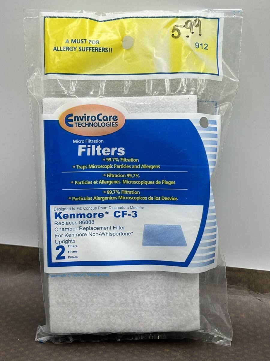 A MUST FOR ALLERGY SUFFERERS!!

EnviroCare TECHNOLOGIES

Micro Filtration Filters
99.7% Filtration Traps Microscopic Particles and Allergens
Filtracion 99.7% Particulas et Allergenes Microscopiques de Pieges
Particulas Alergenicos Microscopicos de los Desvios

Designed to Fit: Concus Pour: Disenado a Medida:
Kenmore* CF-3
Replaces 86888 Chamber Replacement Filter For Kenmore Non-Whispertone* Uprights

2 Filters

5.99
912