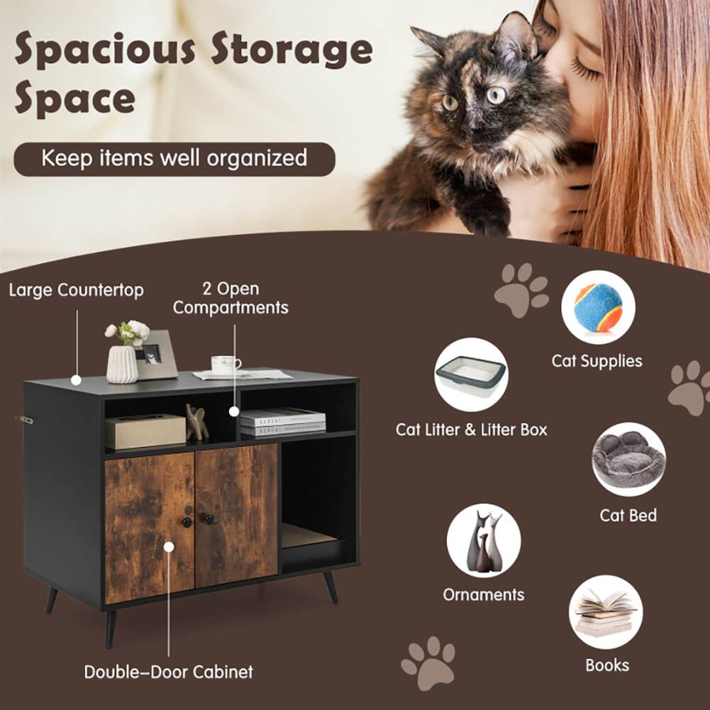 Spacious Storage Space  
Keep items well organized  

- Large Countertop  
- 2 Open Compartments  
- Double-Door Cabinet  

Cat Supplies  
Cat Litter & Litter Box  
Cat Bed  
Ornaments  
Books