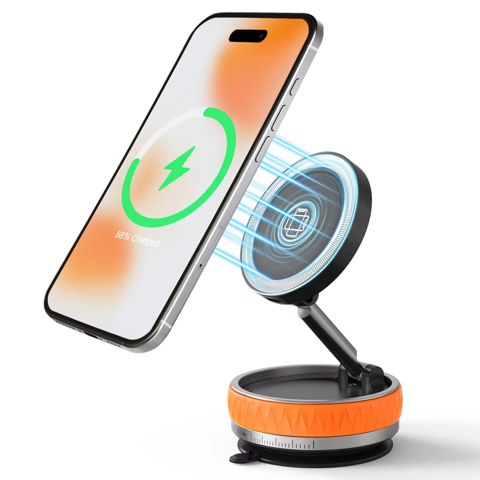 Luckbyte - 15W Vacuum Magnetic Wireless Car Charger & Phone Holder, N55 Strong Suction Fast Charging Station, 360° Rotatable Mount - Orange Color