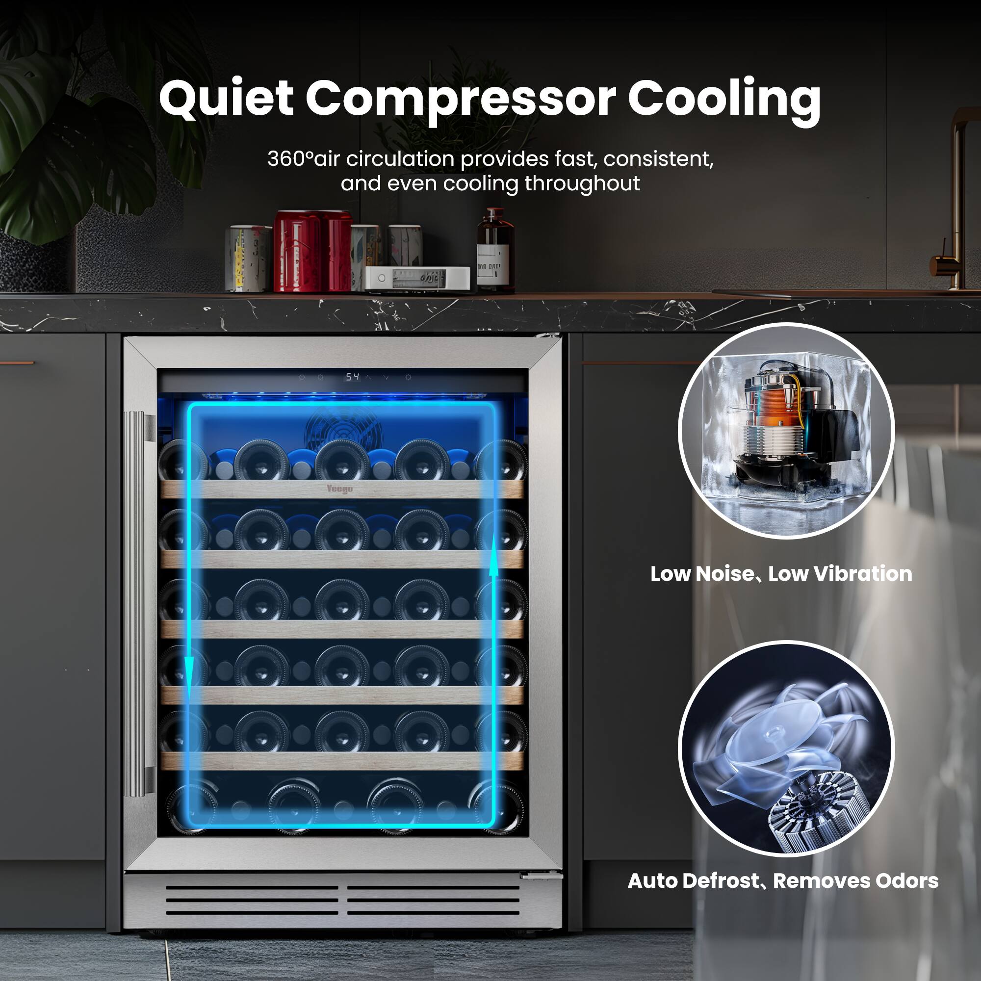 Quiet Compressor Cooling  
360° air circulation provides fast, consistent, and even cooling throughout  

- Low Noise, Low Vibration  
- Auto Defrost, Removes Odors