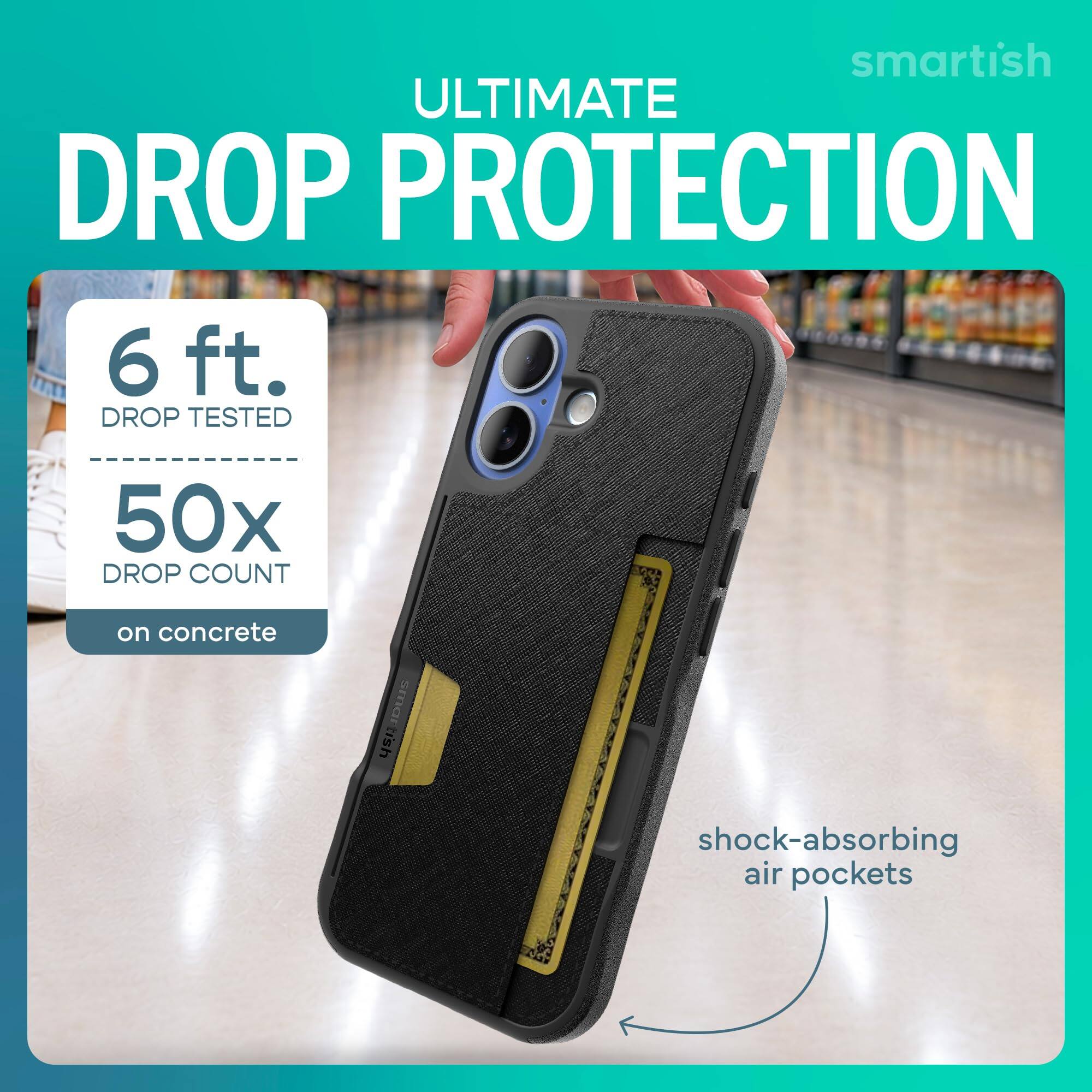 smartish ULTIMATE DROP PROTECTION  
6 ft. DROP TESTED  
50x DROP COUNT  
on concrete  
smartish  
shock-absorbing air pockets