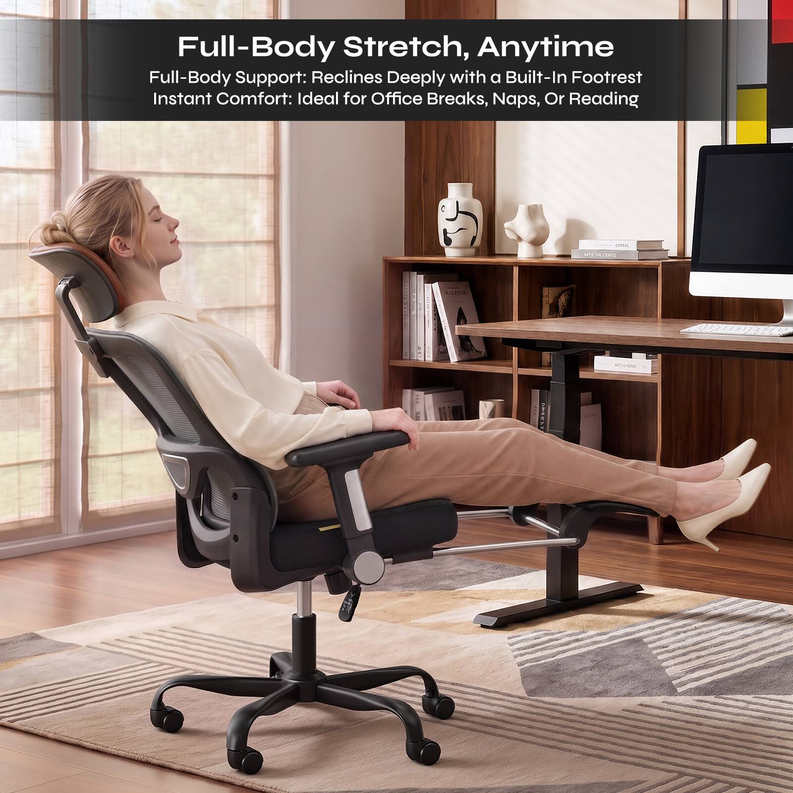 Full-Body Stretch, Anytime  
Full-Body Support: Reclines Deeply with a Built-In Footrest  
Instant Comfort: Ideal for Office Breaks, Naps, or Reading
