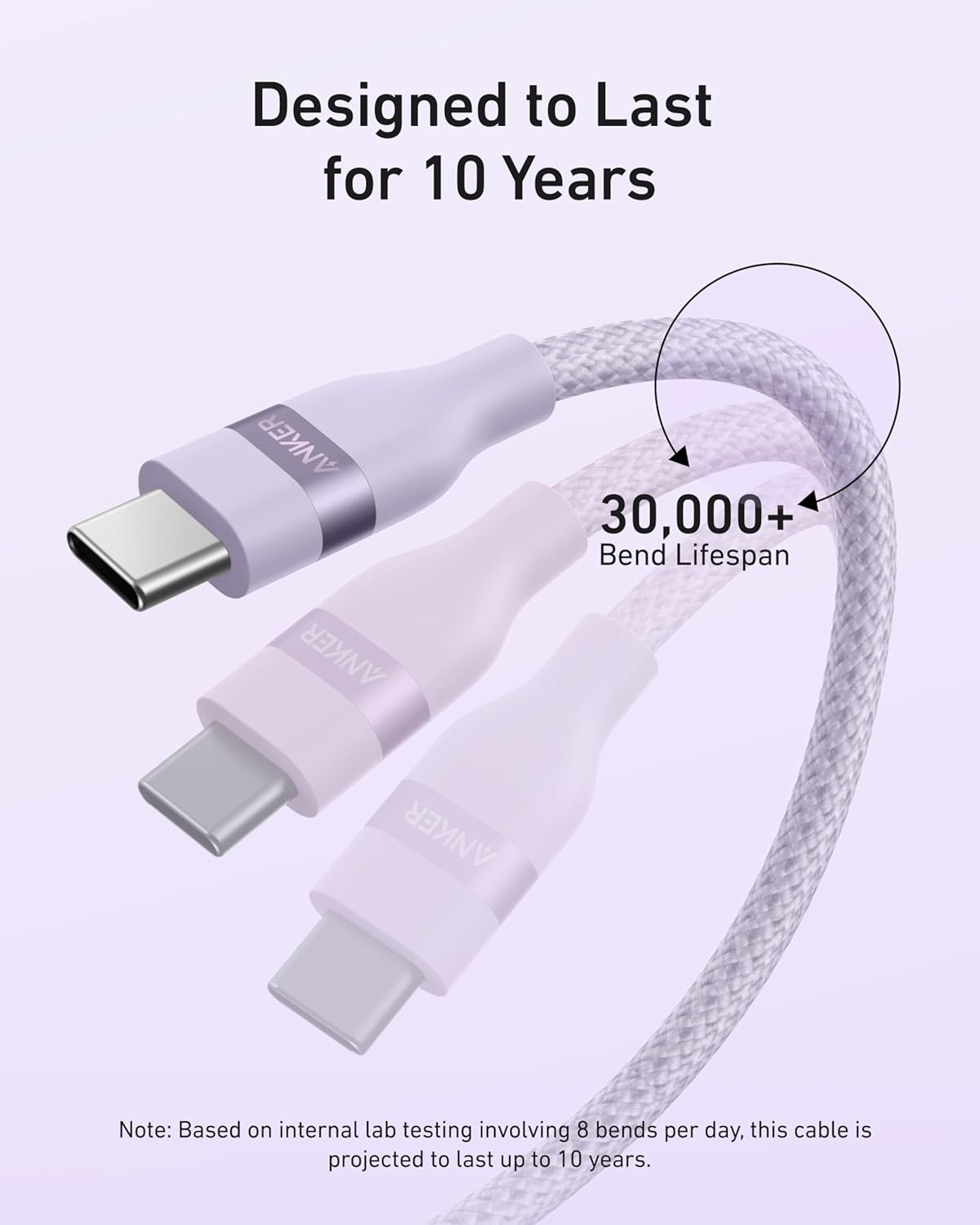 Designed to Last for 10 Years

ANKER

30,000+ Bend Lifespan

Note: Based on internal lab testing involving 8 bends per day, this cable is projected to last up to 10 years.