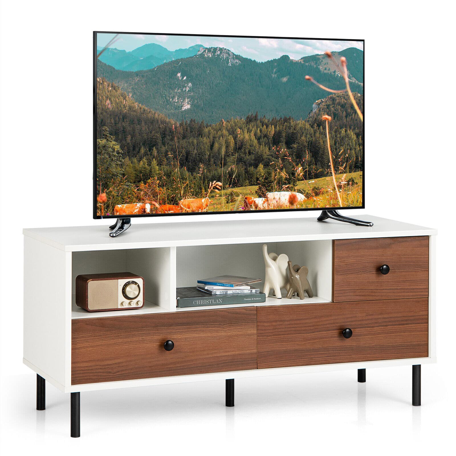 Ecooso - 50 Inch Mid-Century TV Stand with 2 Cubbies and 3 Drawers for Living Room - White and Walnut