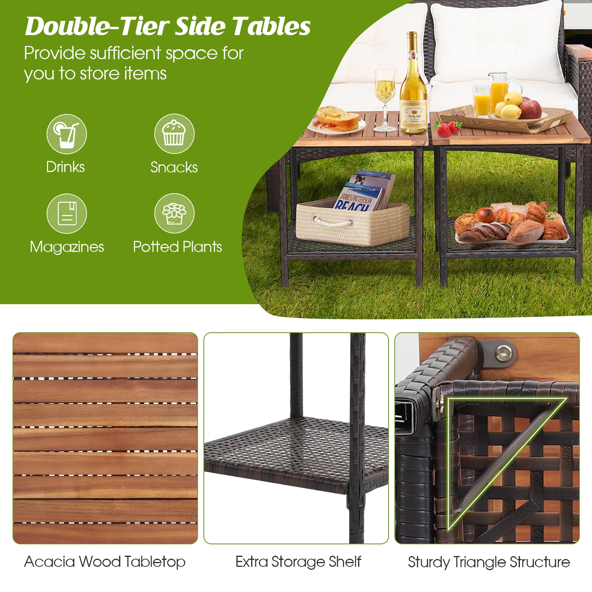 Double-Tier Side Tables, Provide sufficient space for you to store items, Drinks, Snacks, Magazines, Potted Plants, Acacia Wood Tabletop, Extra Storage Shelf, Sturdy Triangle Structure