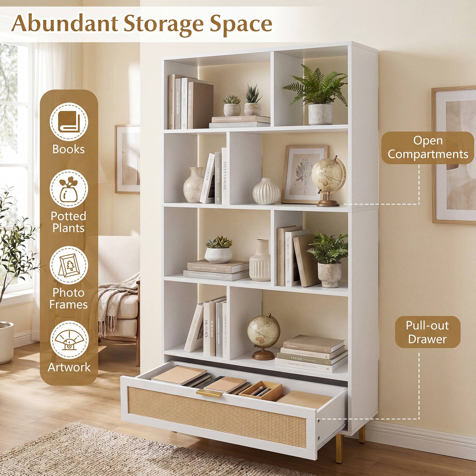 Abundant Storage Space - Books, Potted Plants, Photo Frames, Artwork, Open Compartments, Pull-out Drawer